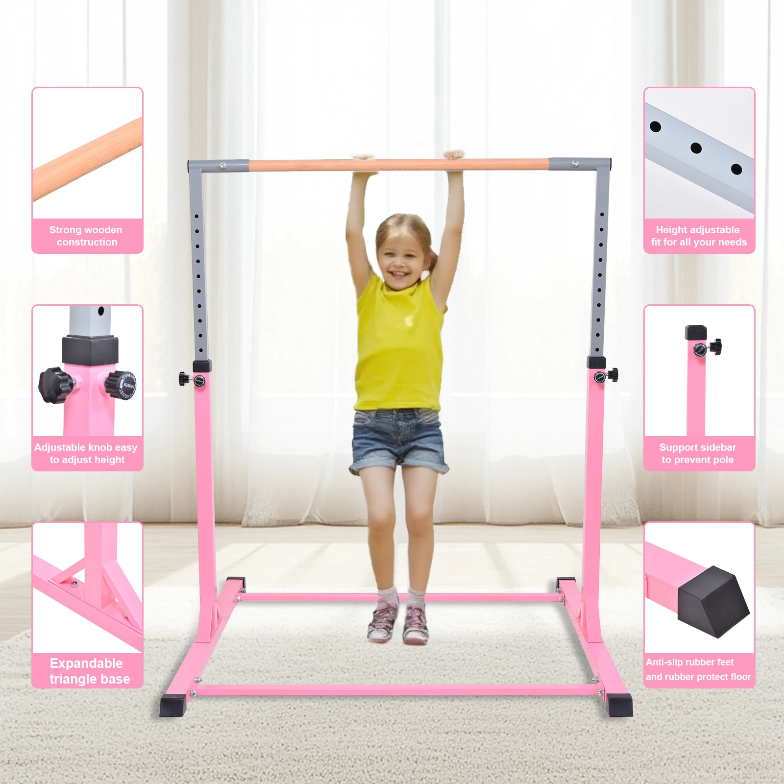 Kids Gymnastics Bars Home Horizontal Training Bars Adjustable Height Gymnastics Pole Easy to Assembly Equipment Children Girls