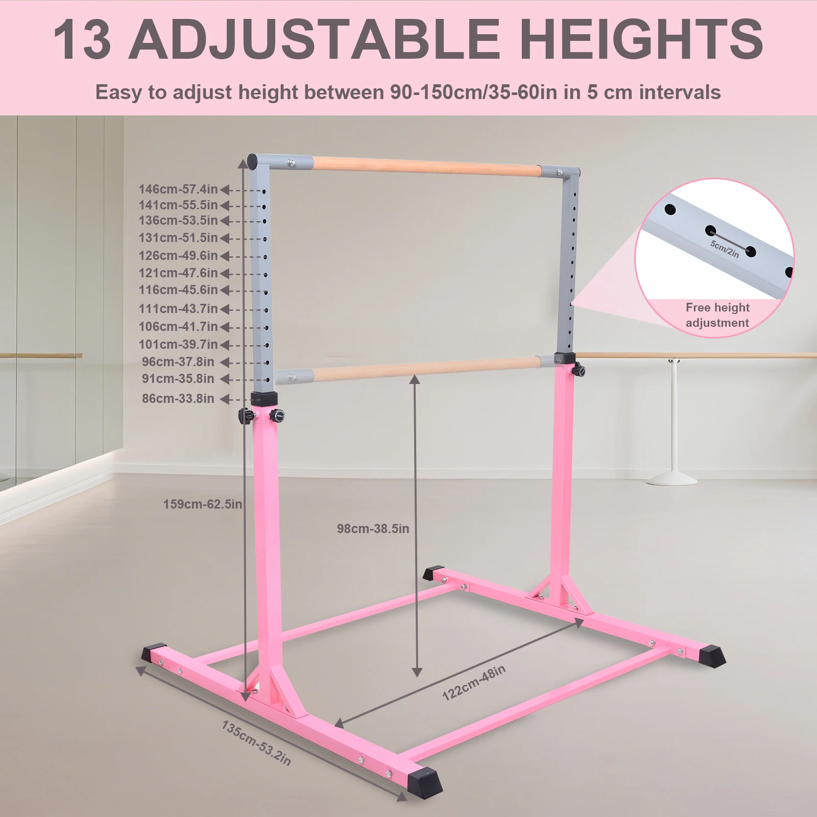 Kids Gymnastics Bars Home Horizontal Training Bars Adjustable Height Gymnastics Pole Easy to Assembly Equipment Children Girls