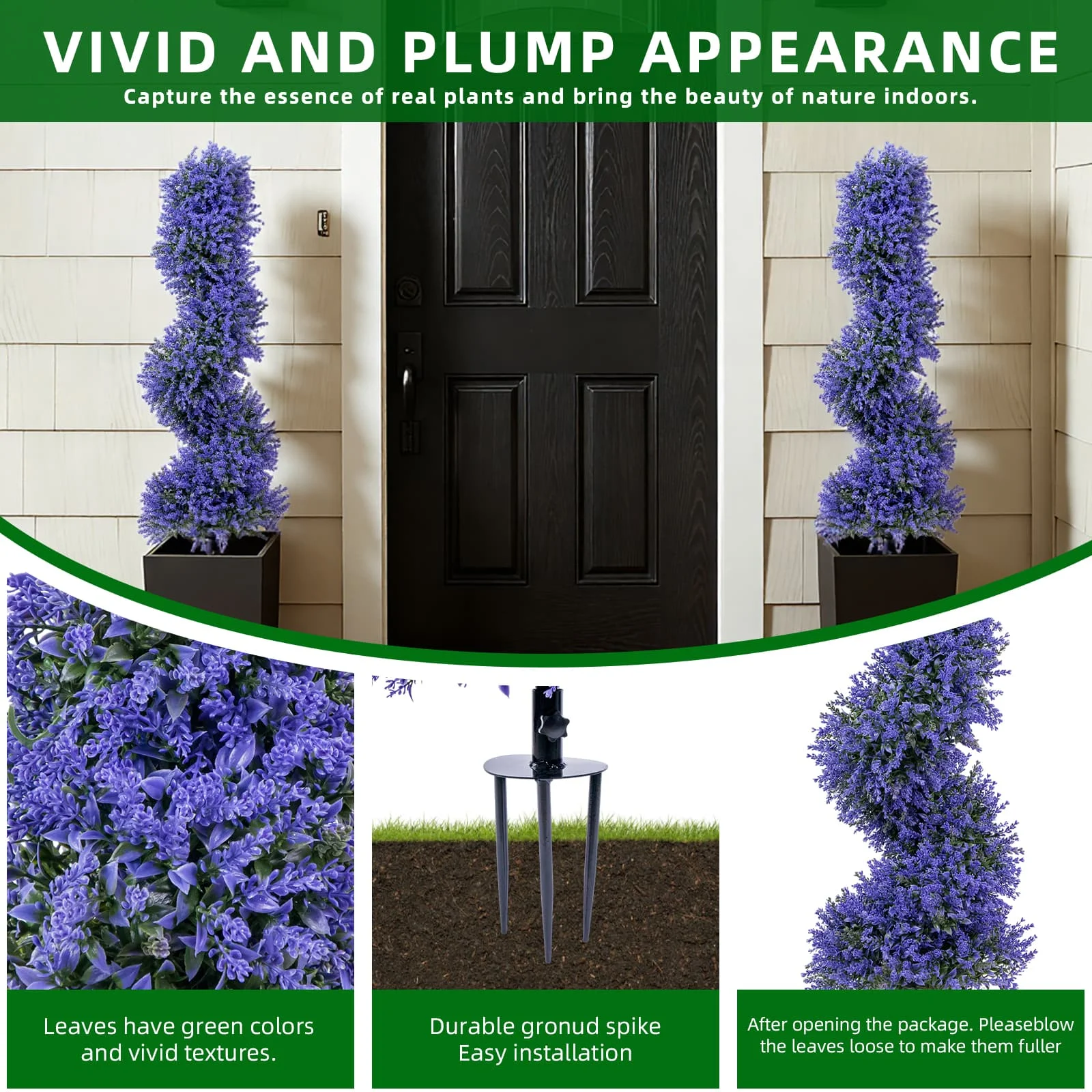 2pcs Artificial Lavender Spiral Topiary Trees with Ground Spike 90cm Faux Plant Outdoor Fake Plant for Porch Garden Decoration