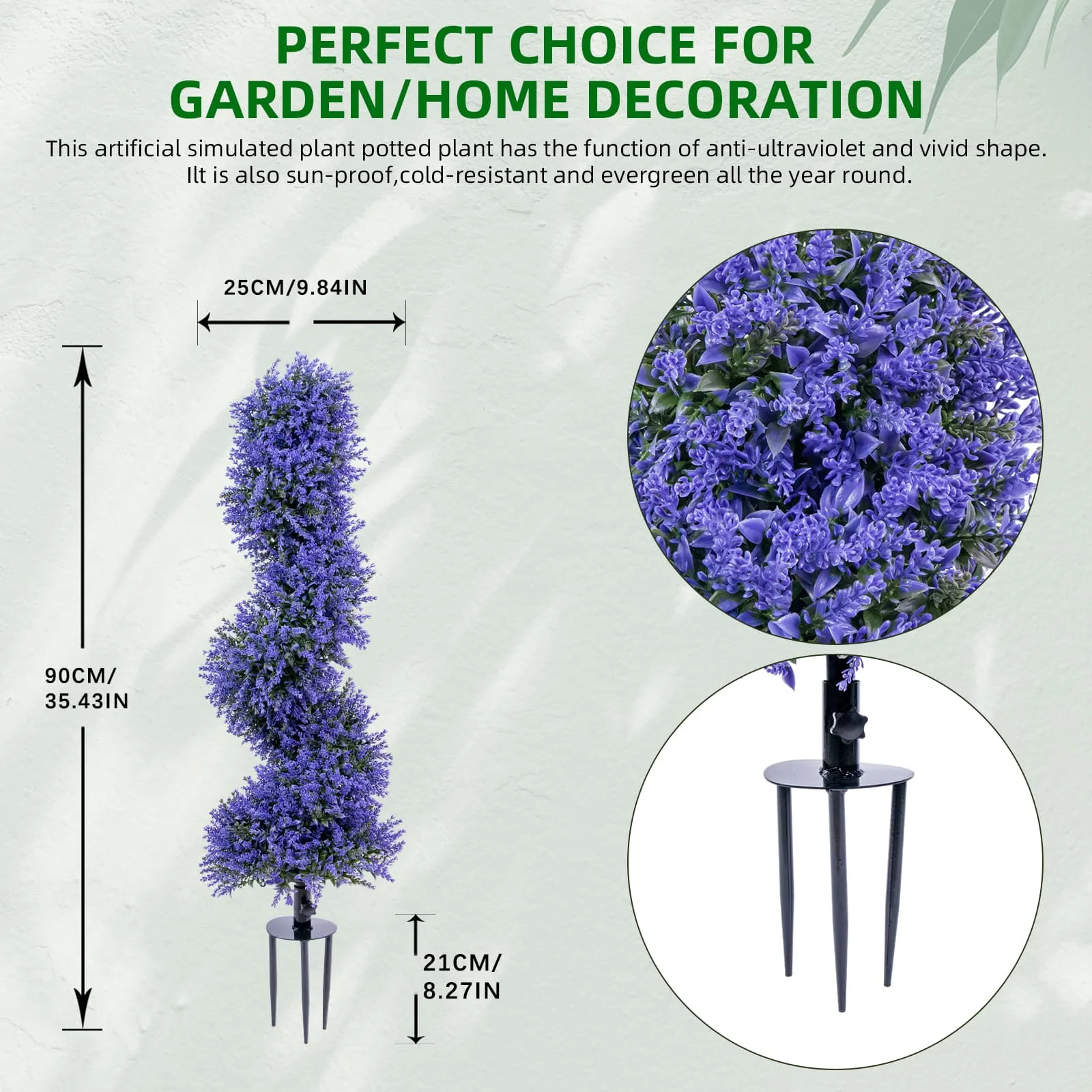 2pcs Artificial Lavender Spiral Topiary Trees with Ground Spike 90cm Faux Plant Outdoor Fake Plant for Porch Garden Decoration