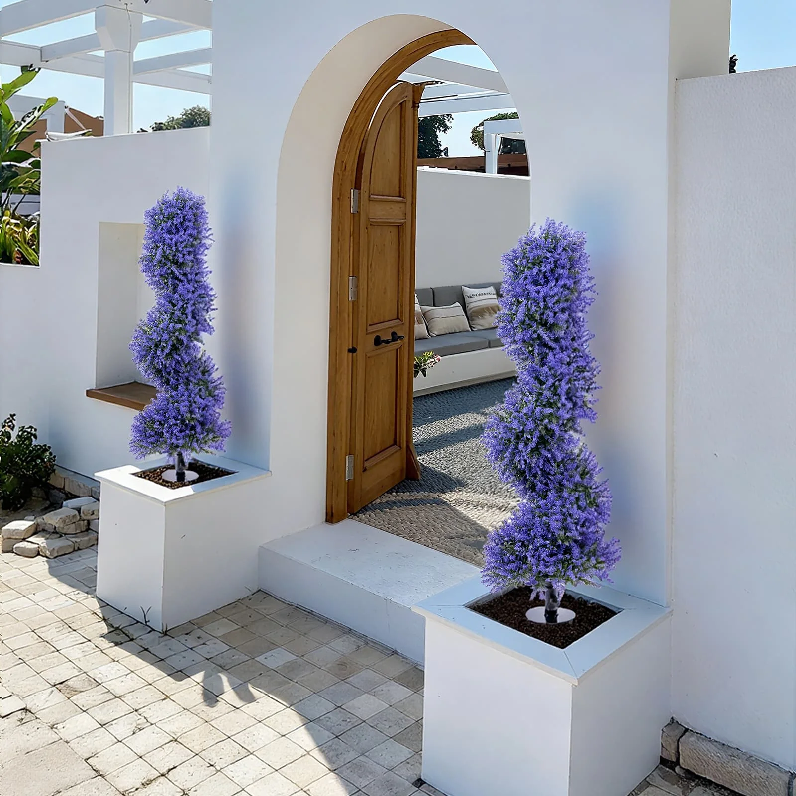 2pcs Artificial Lavender Spiral Topiary Trees with Ground Spike 90cm Faux Plant Outdoor Fake Plant for Porch Garden Decoration