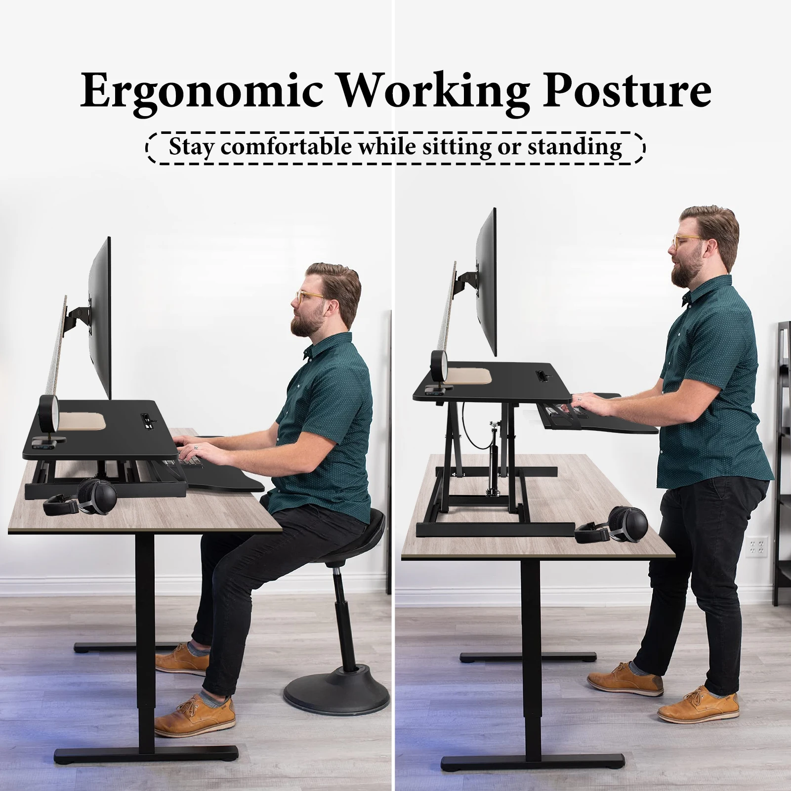 Adjustable Standing Desk Converter Height Adjustable Desk Riser Manual Pneumatic Spring Laptop Workstation with Keyboard Tray