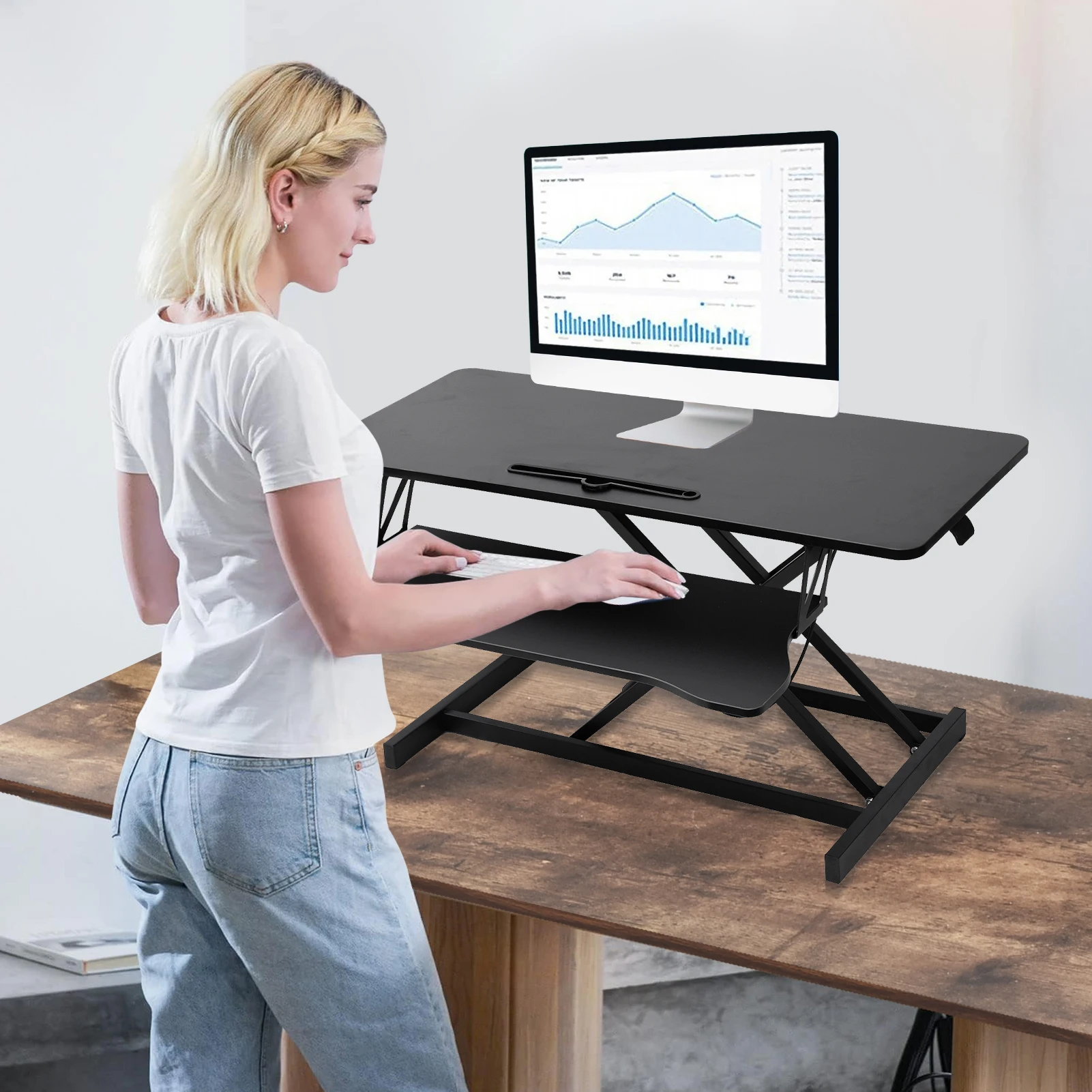 Adjustable Standing Desk Converter Height Adjustable Desk Riser Manual Pneumatic Spring Laptop Workstation with Keyboard Tray