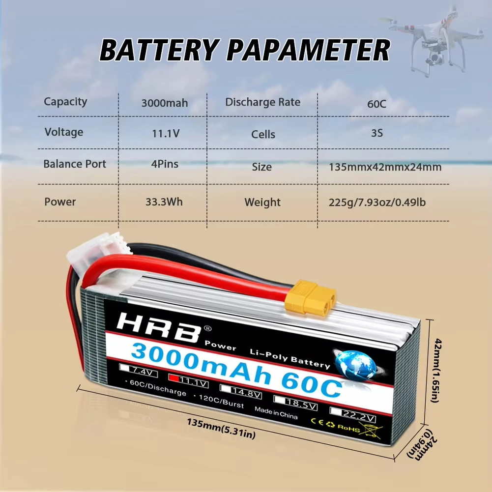 HRB 2S 3S 7.4V 11.1V 3000mah 4S 6S 14.8V 22.2V 3300mah Lipo Battery 60C XT60 Connector For Car FPV Airplane Drone Boat Truck