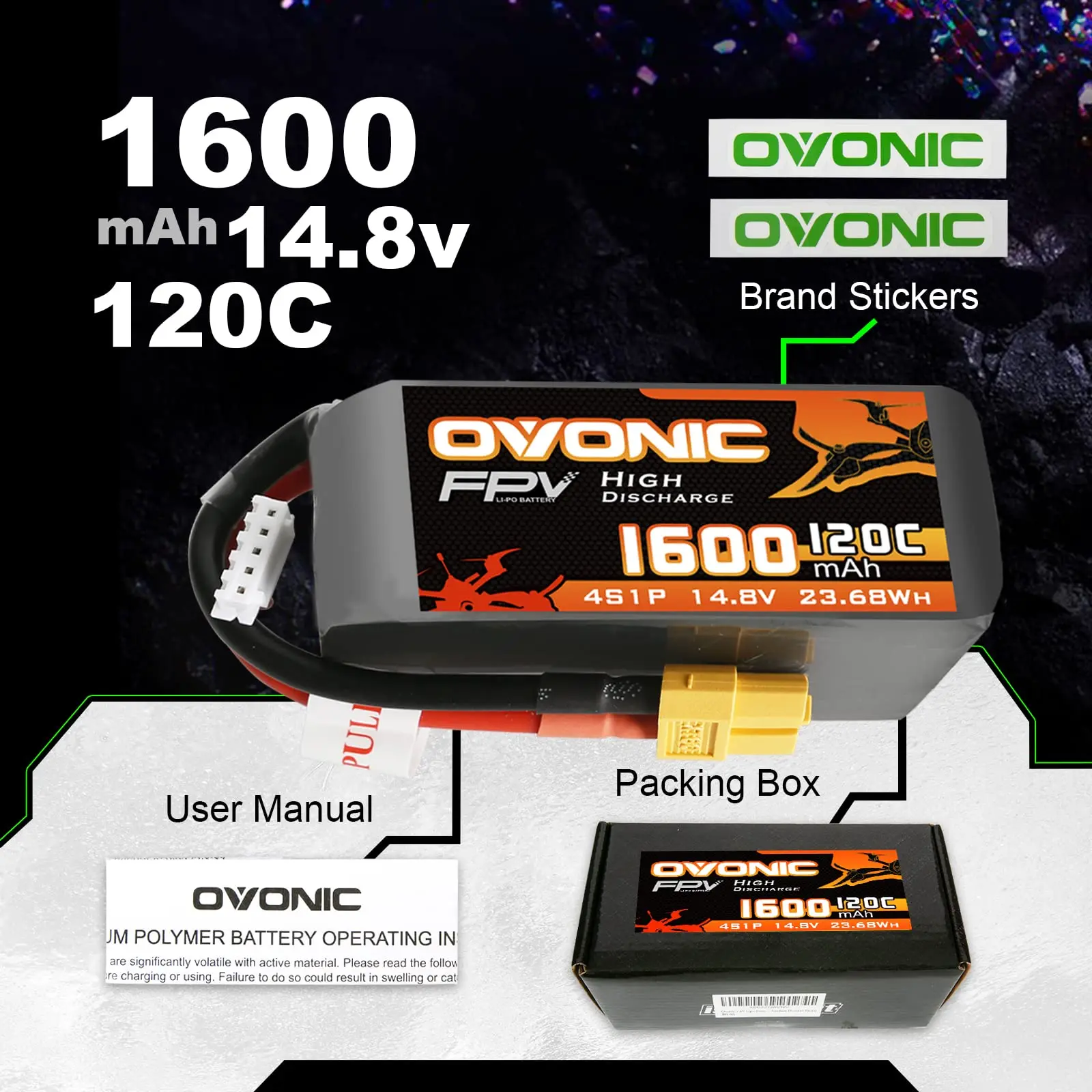 OVONIC 4s Lipo Battery 1600 mAh 120C 14.8V with XT60 Connector for RC FPV Helicopter Aeroplane Quadcopter Hobby Racing (2P