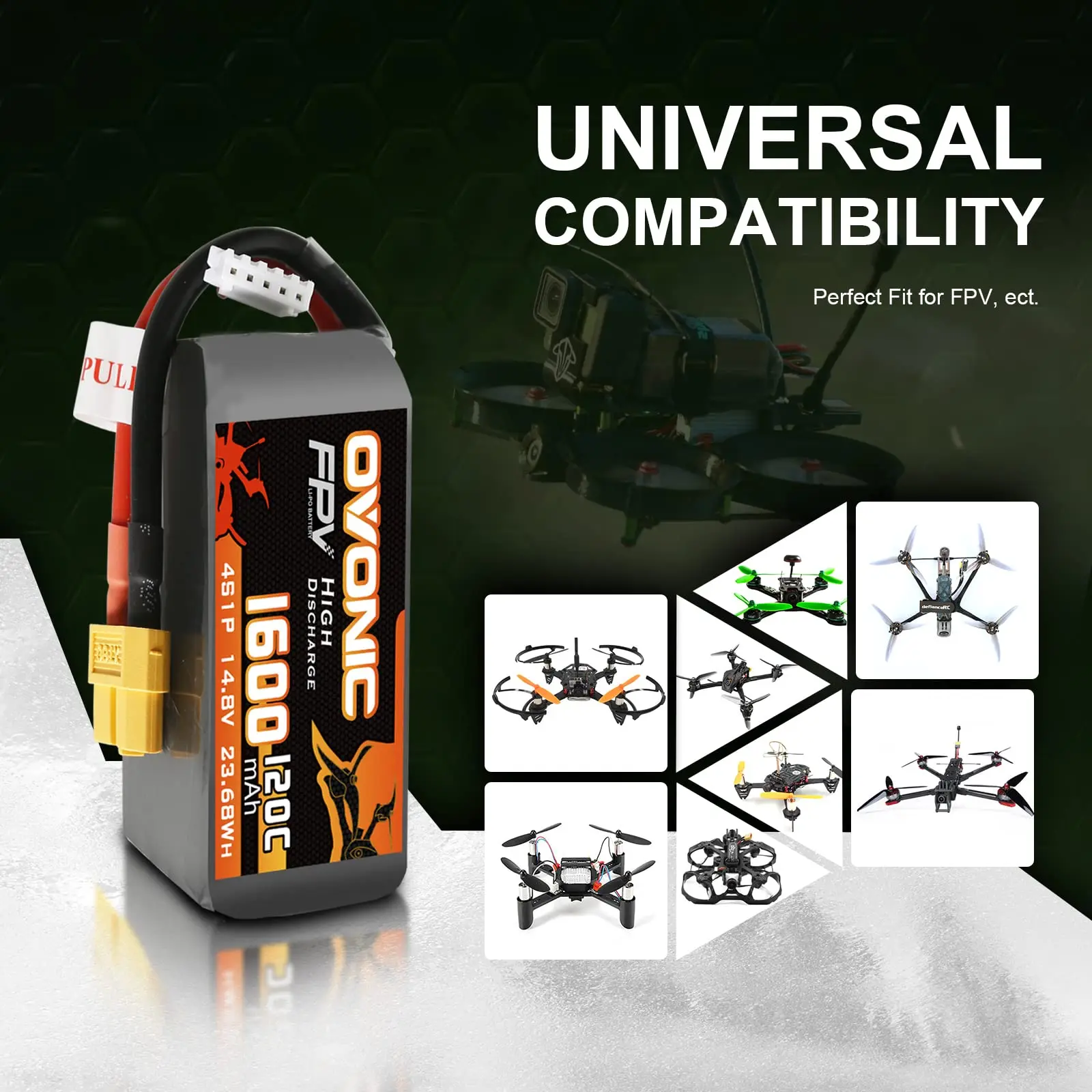 OVONIC 4s Lipo Battery 1600 mAh 120C 14.8V with XT60 Connector for RC FPV Helicopter Aeroplane Quadcopter Hobby Racing (2P