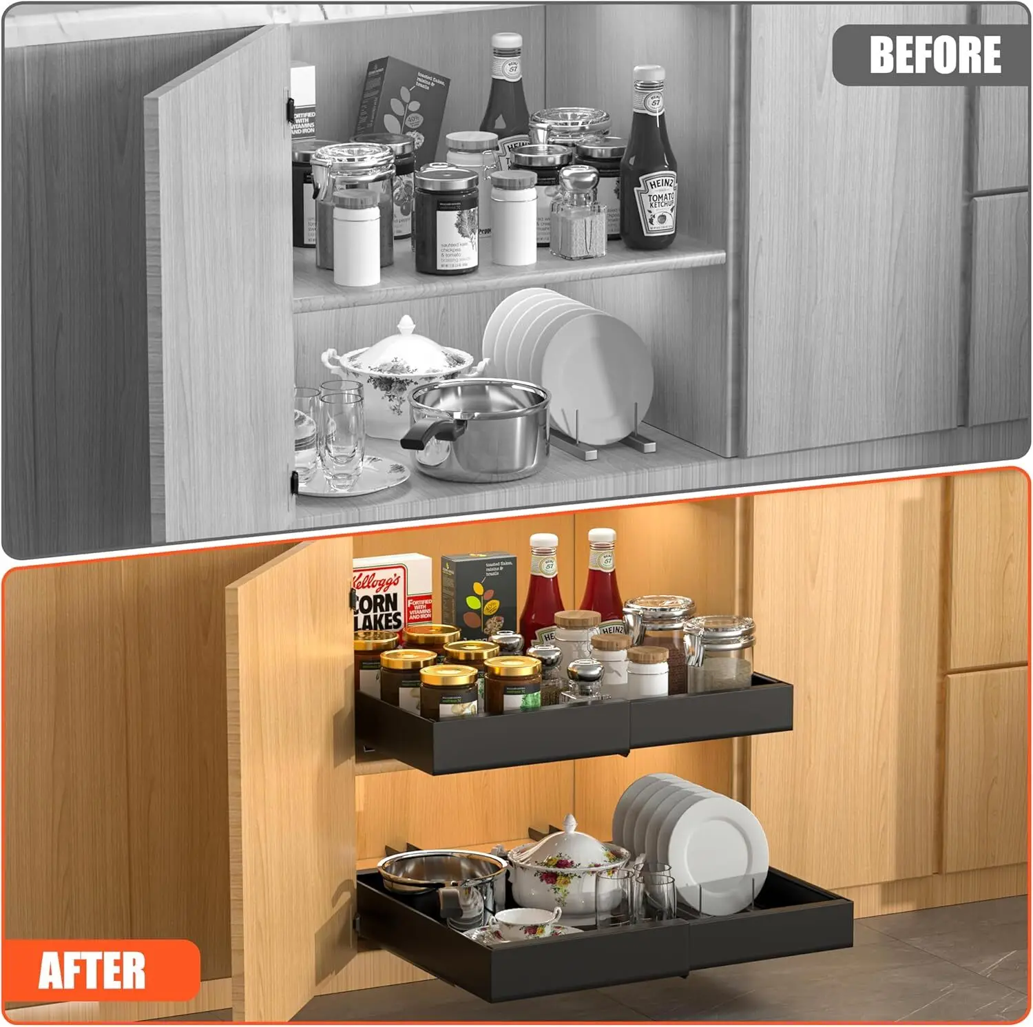 1pcs Expandable Pull Out Cabinet Organizer Adhesive Peel And Stick Slide Out Drawers for Kitchen Cabinets Adjustable Width