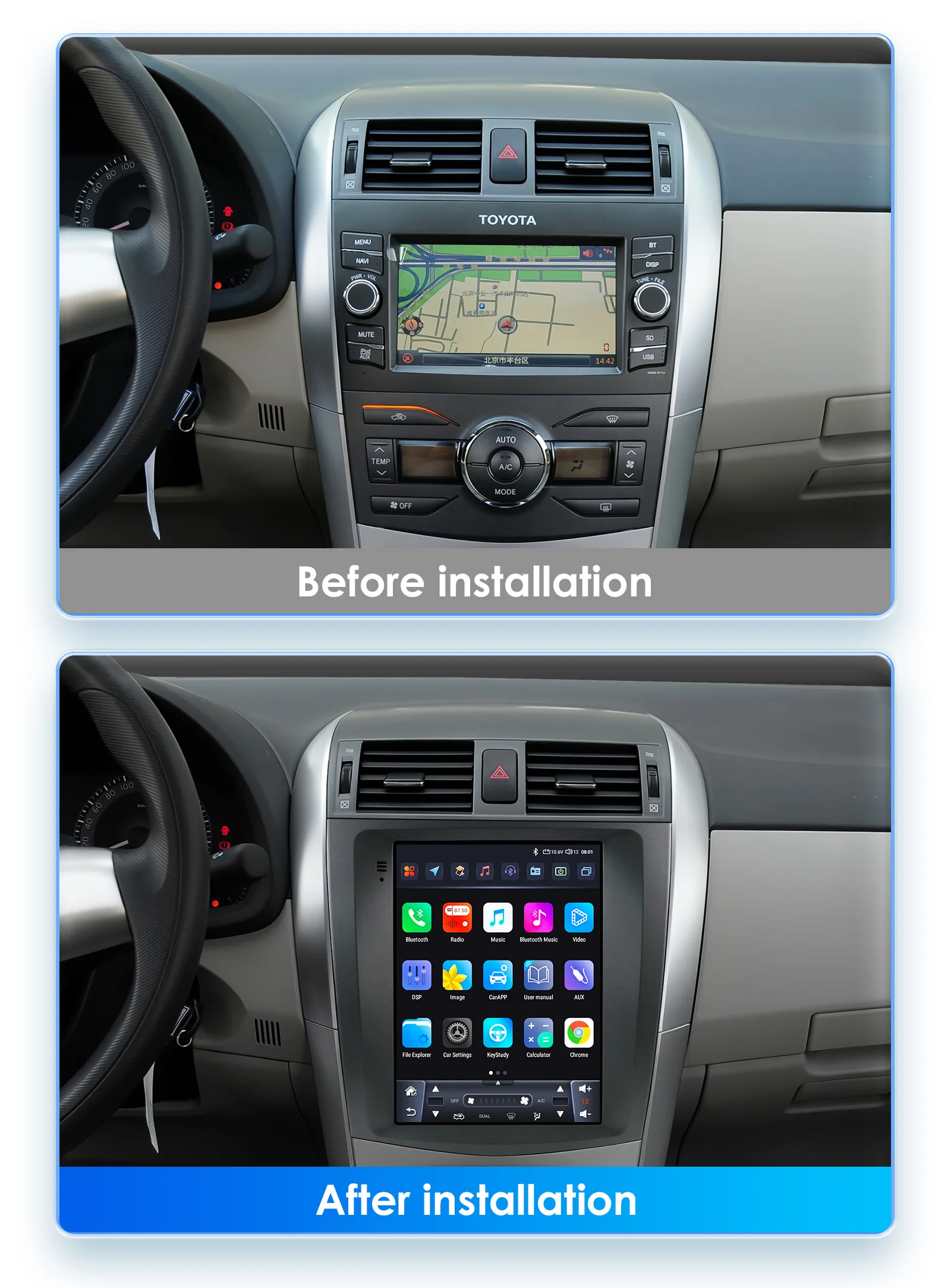 9.7inch 2 DIN Android 13 Car Radio for Toyota Corolla E140/150 2006-2013 Multimedia Stereo Vertical Screen Carplay 360 Camera