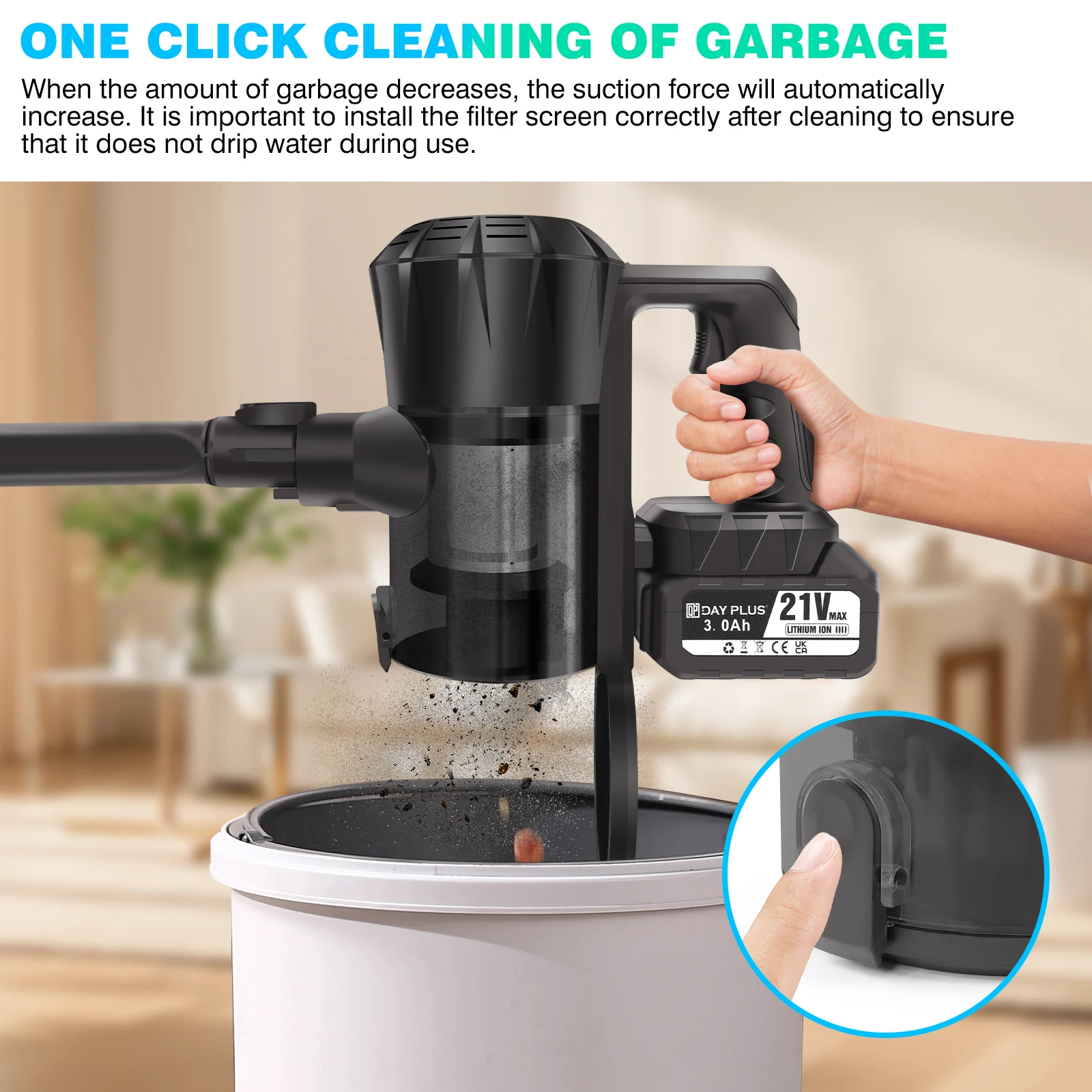 Upgrade cordless Vacuum Cleaner, Wall Hanging Stick Vacuum Cleaner with Tangle-Free Brush, 3000mAh Battery