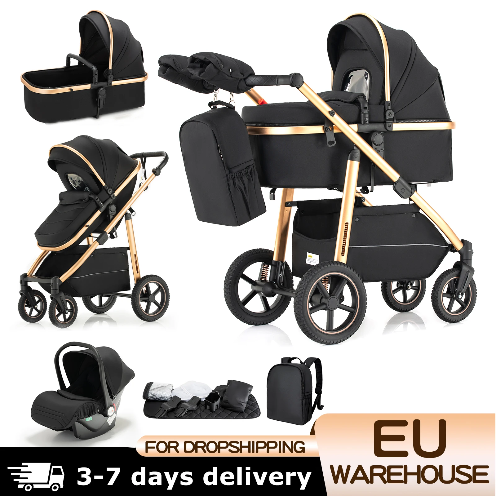 Baby Stroller 3 in 1 Portable Travel Baby Carriage Luxurious Fold Pram High Landscape Aluminum Frame Newborn Infant Stroller