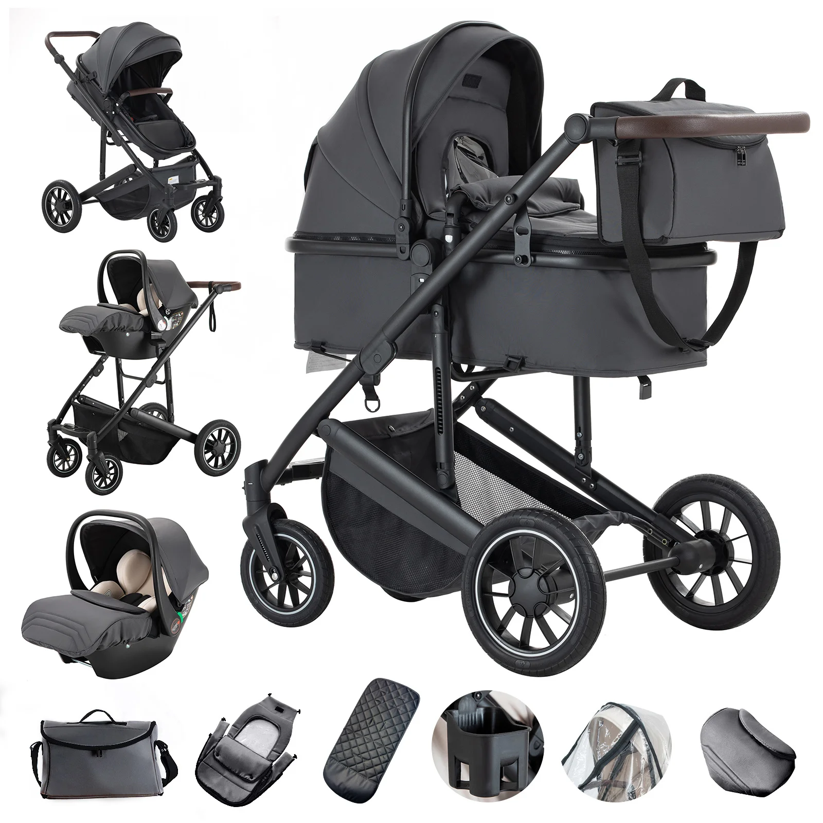 Baby Stroller 3 in 1 Portable Travel Baby Carriage Luxurious Fold Pram High Landscape Aluminum Frame Newborn Infant Stroller