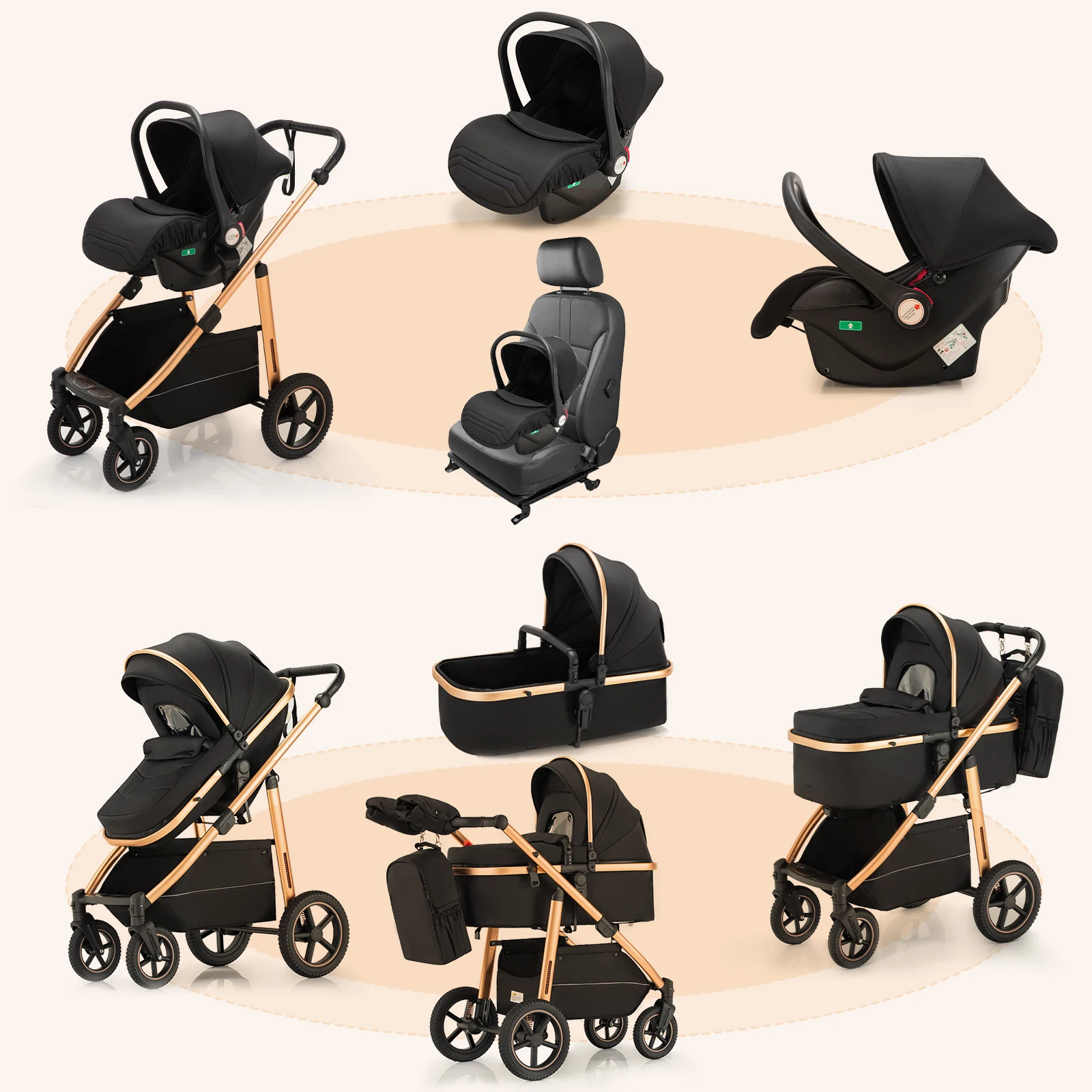Baby Stroller 3 in 1 Portable Travel Baby Carriage Luxurious Fold Pram High Landscape Aluminum Frame Newborn Infant Stroller
