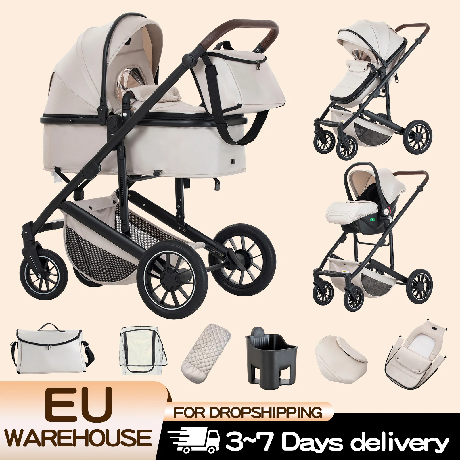 Baby Stroller 3 in 1 Portable Travel Baby Carriage Luxurious Fold Pram High Landscape Aluminum Frame Newborn Infant Stroller