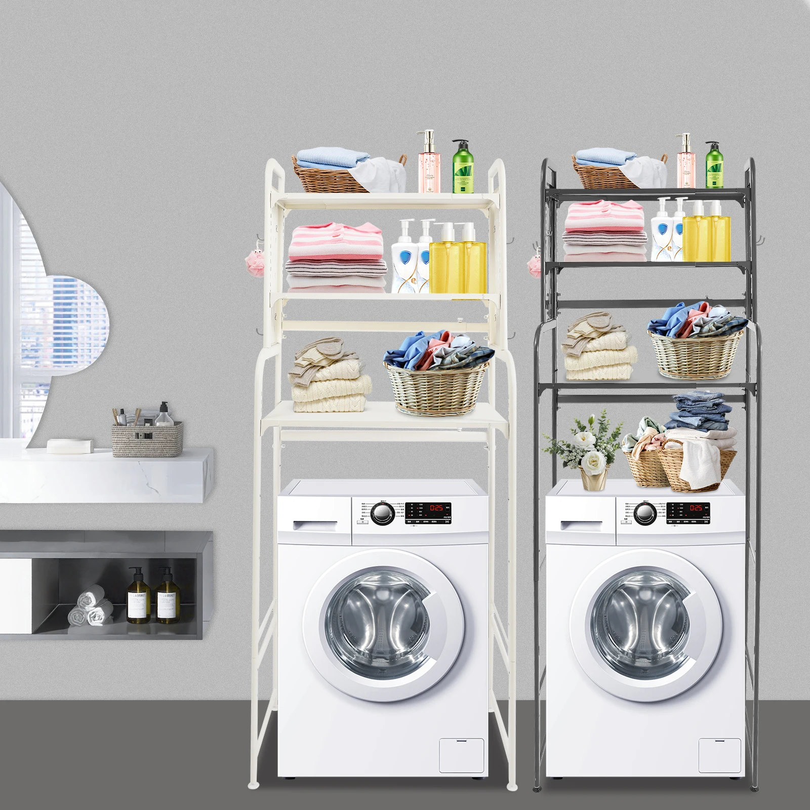 Adjustable Laundry Room Shelf Rust-Resistant Expandable Dryer Storage Rack Laundry Room Storage for Balconies/Bathrooms/Kitchens