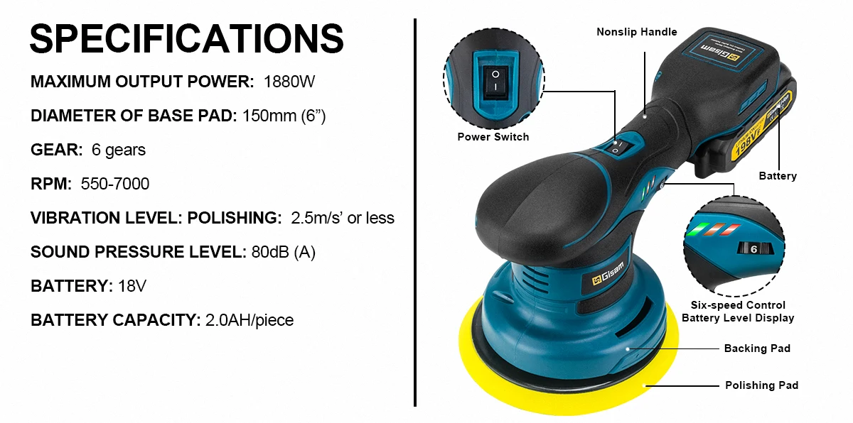 Gisam Brushelss Car Polisher 6 Gears Cordless Electric Polishing Machine Metal Waxing Wood Grinding For Maktita 18v Battery Pin