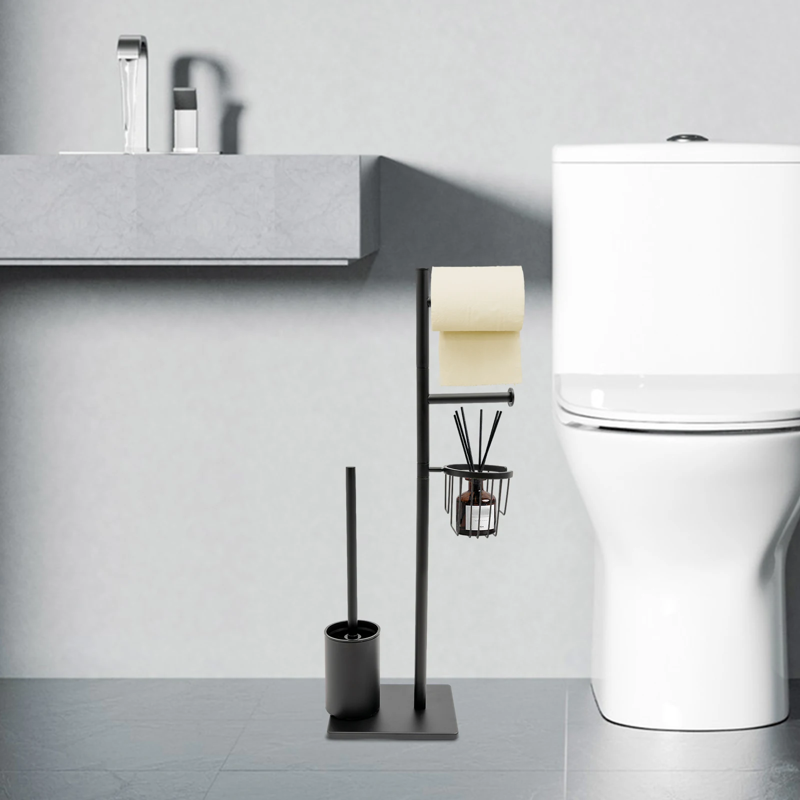 Waterproof Toilet Paper Holder In Black Multi-Function Toilet Paper Holder with Toilet Brush for Home Bathrooms/Guest Rooms