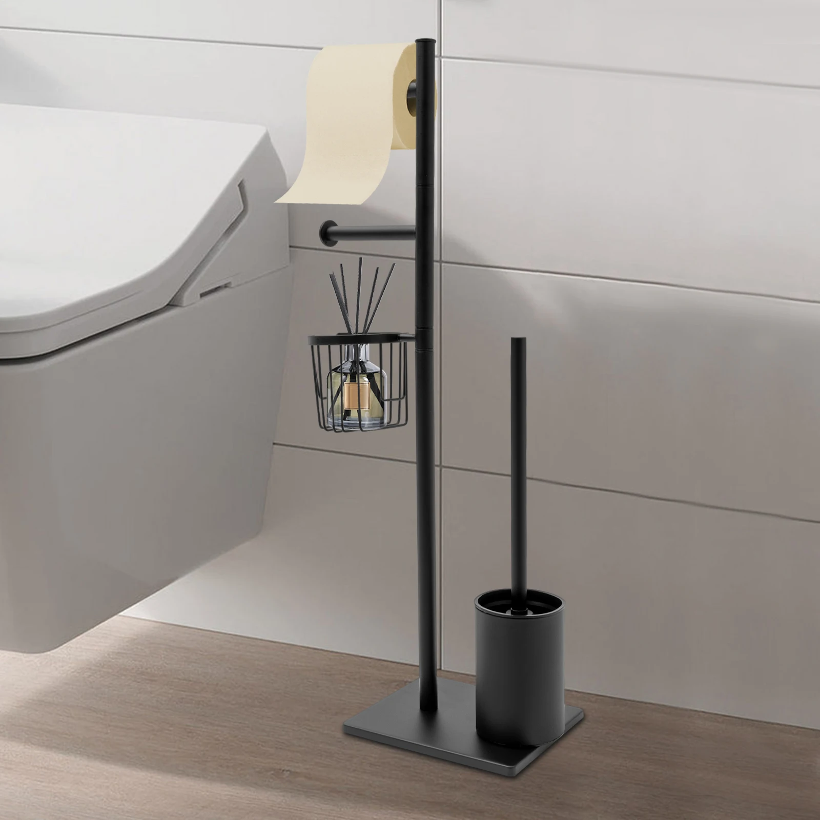 Waterproof Toilet Paper Holder In Black Multi-Function Toilet Paper Holder with Toilet Brush for Home Bathrooms/Guest Rooms
