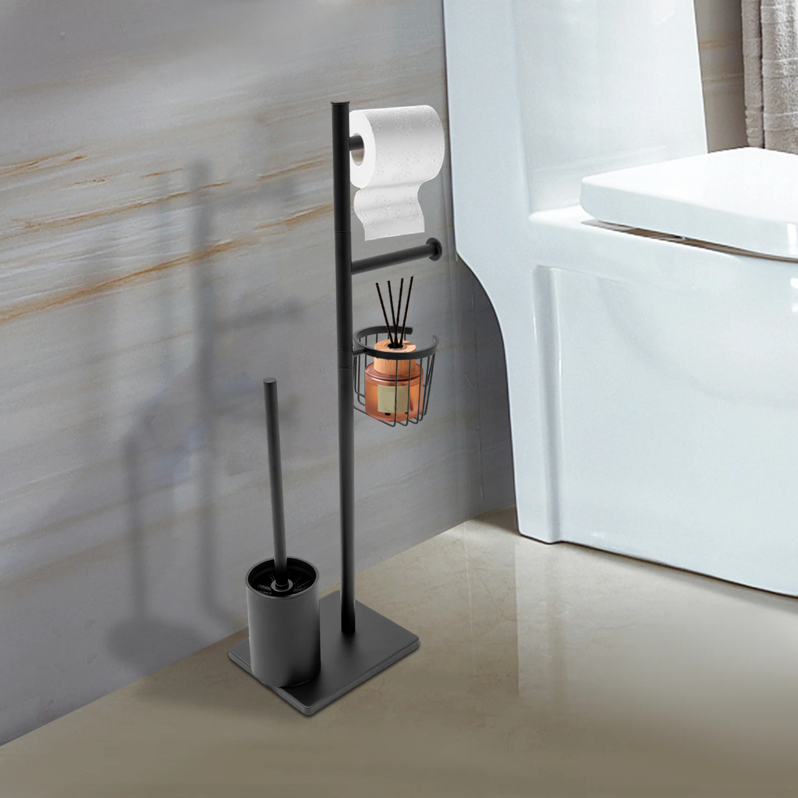 Waterproof Toilet Paper Holder In Black Multi-Function Toilet Paper Holder with Toilet Brush for Home Bathrooms/Guest Rooms