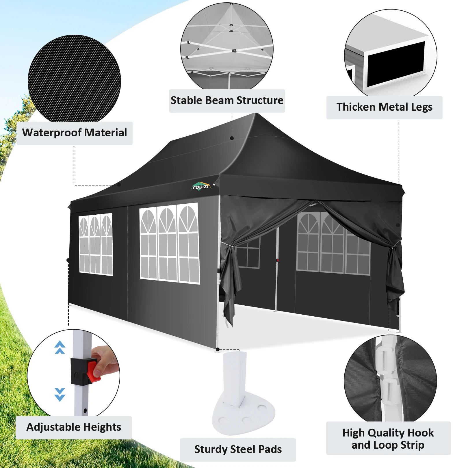 3x6m Folding Gazebo Waterproof Stable,Party Tent with 6 Sidewalls,Outdoor Pop Up Garden Gazebo for Parties, Markets, UV 50+