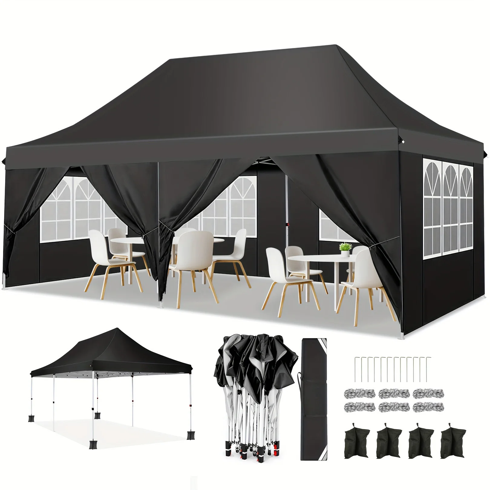 3x6m Folding Gazebo Waterproof Stable,Party Tent with 6 Sidewalls,Outdoor Pop Up Garden Gazebo for Parties, Markets, UV 50+