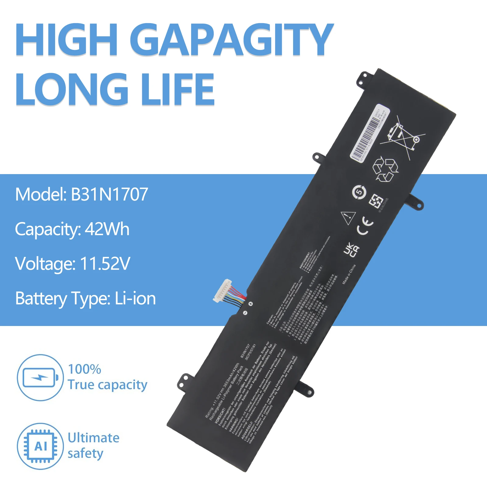 Oyomba Batteria per laptop B31N1707 compatibile con ASUS VivoBook S14 S410UQ S410UN S41OUN S4100V S4100VN S4200U X411UA X411UF