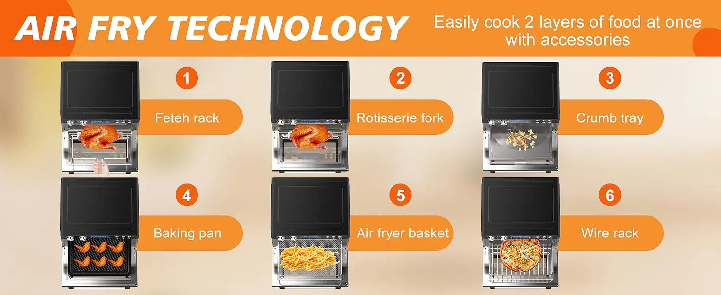 Karinear 36L Air Fryer Oven, 1800W Stainless Steel Airfryer Oven 10 in 1 Countertop,Double-layered Glass Door,Full Accessory Set