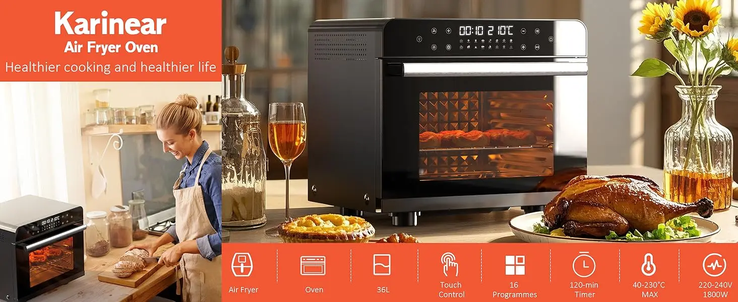 Karinear 36L Air Fryer Oven, 1800W Stainless Steel Airfryer Oven 10 in 1 Countertop,Double-layered Glass Door,Full Accessory Set
