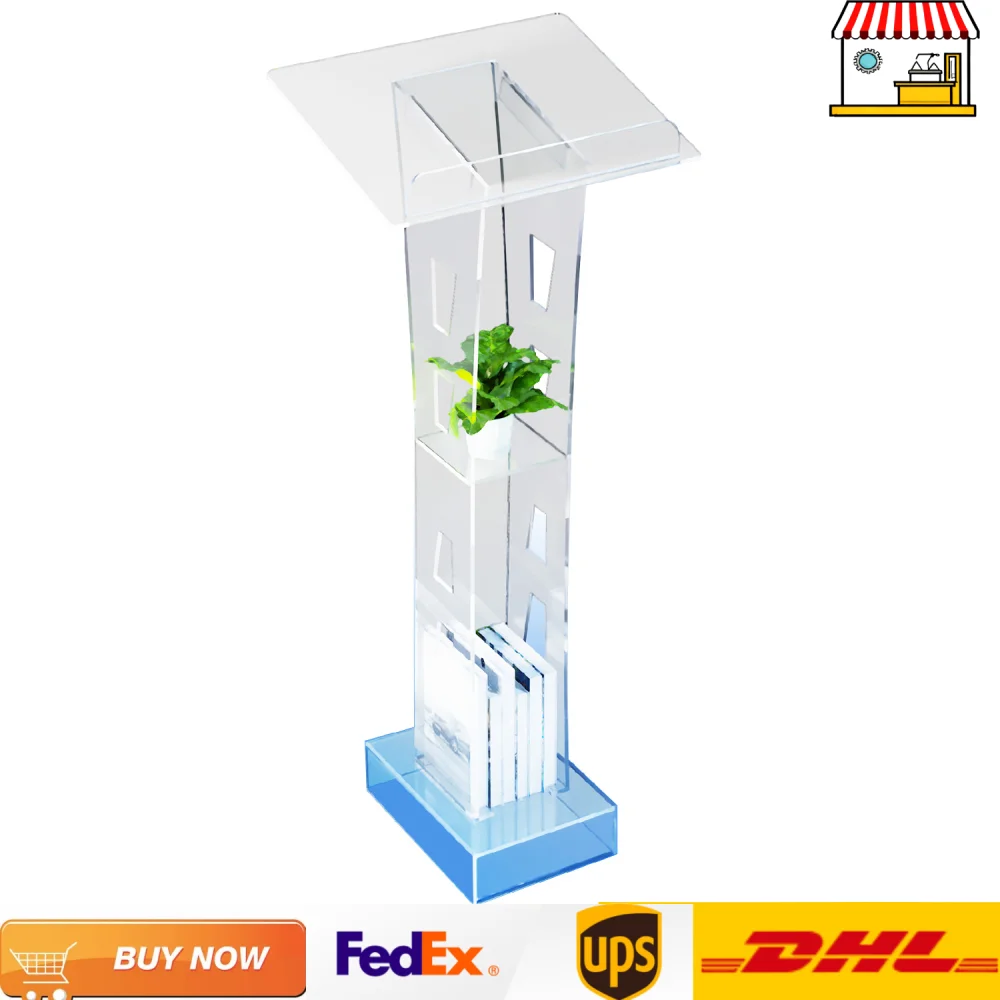Lighted Clear Acrylic Podium| 43.3inch Freestanding Clear Church Office School Lecterns W/ Storage Shelf and Light