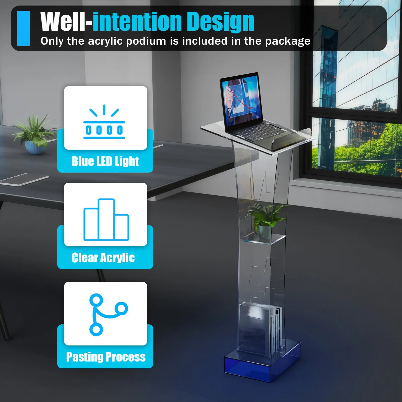 Lighted Clear Acrylic Podium| 43.3inch Freestanding Clear Church Office School Lecterns W/ Storage Shelf and Light