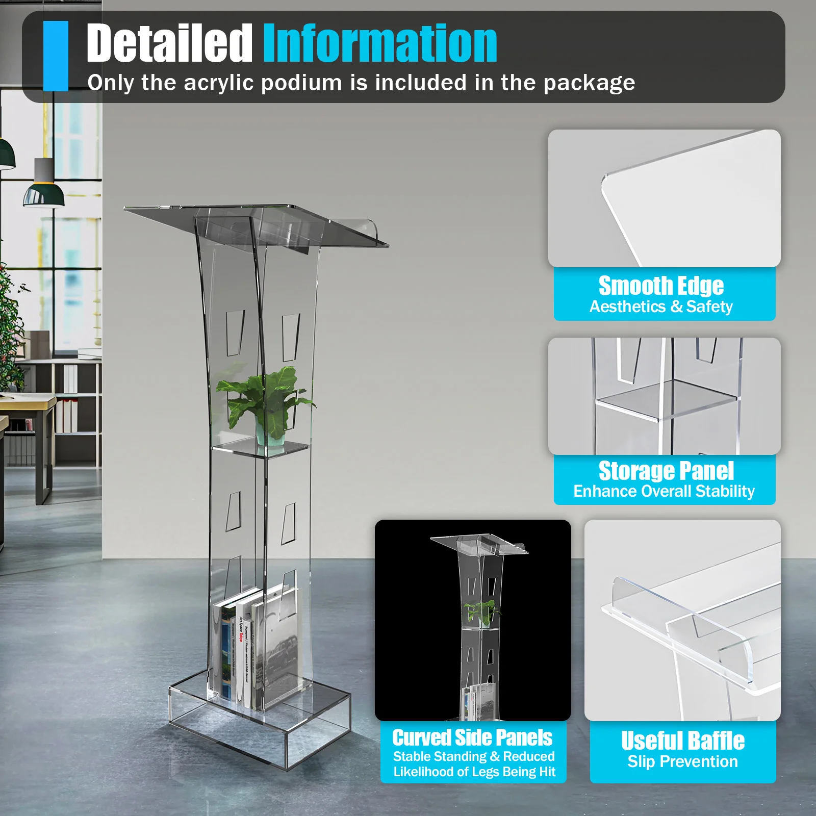 Lighted Clear Acrylic Podium| 43.3inch Freestanding Clear Church Office School Lecterns W/ Storage Shelf and Light
