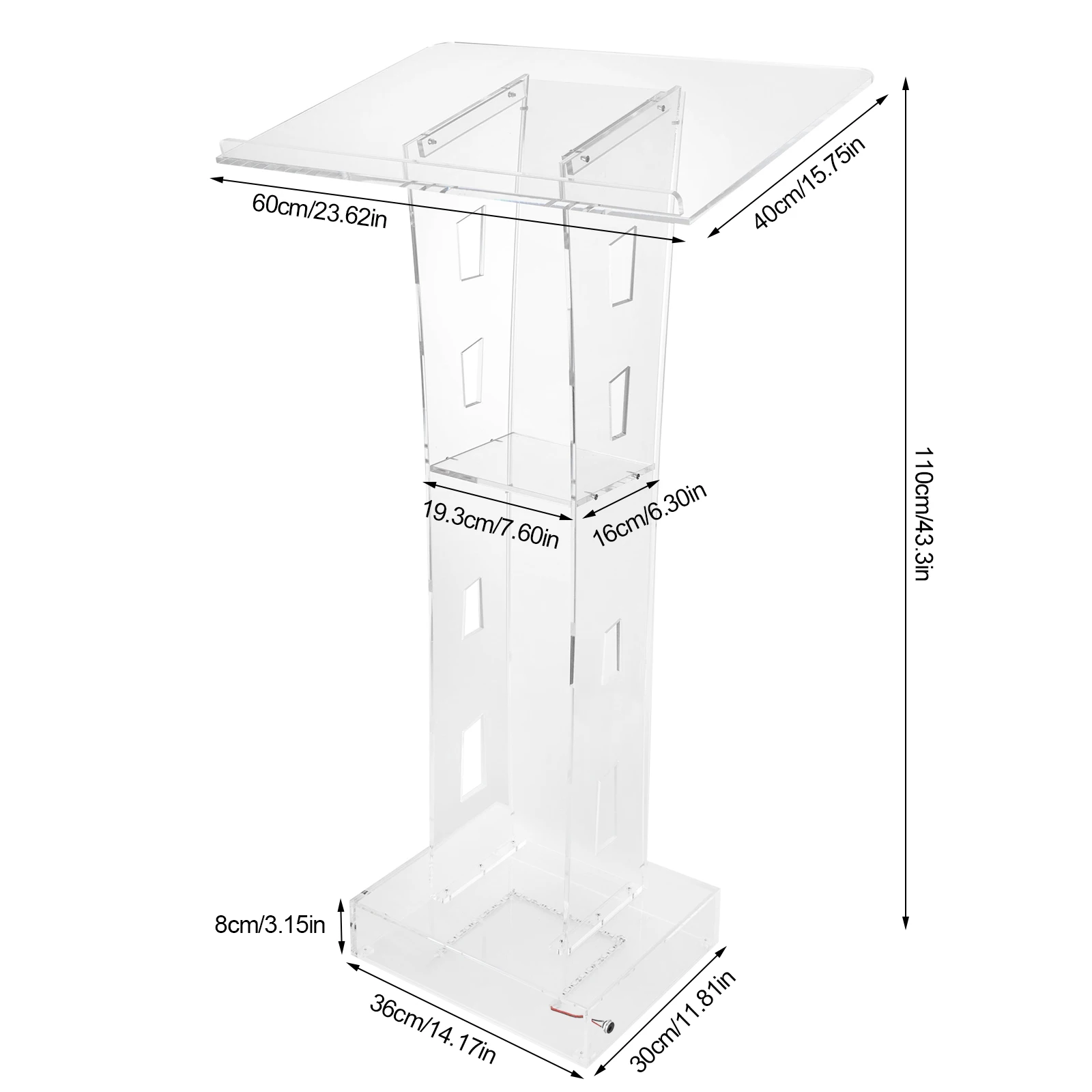 Lighted Clear Acrylic Podium| 43.3inch Freestanding Clear Church Office School Lecterns W/ Storage Shelf and Light