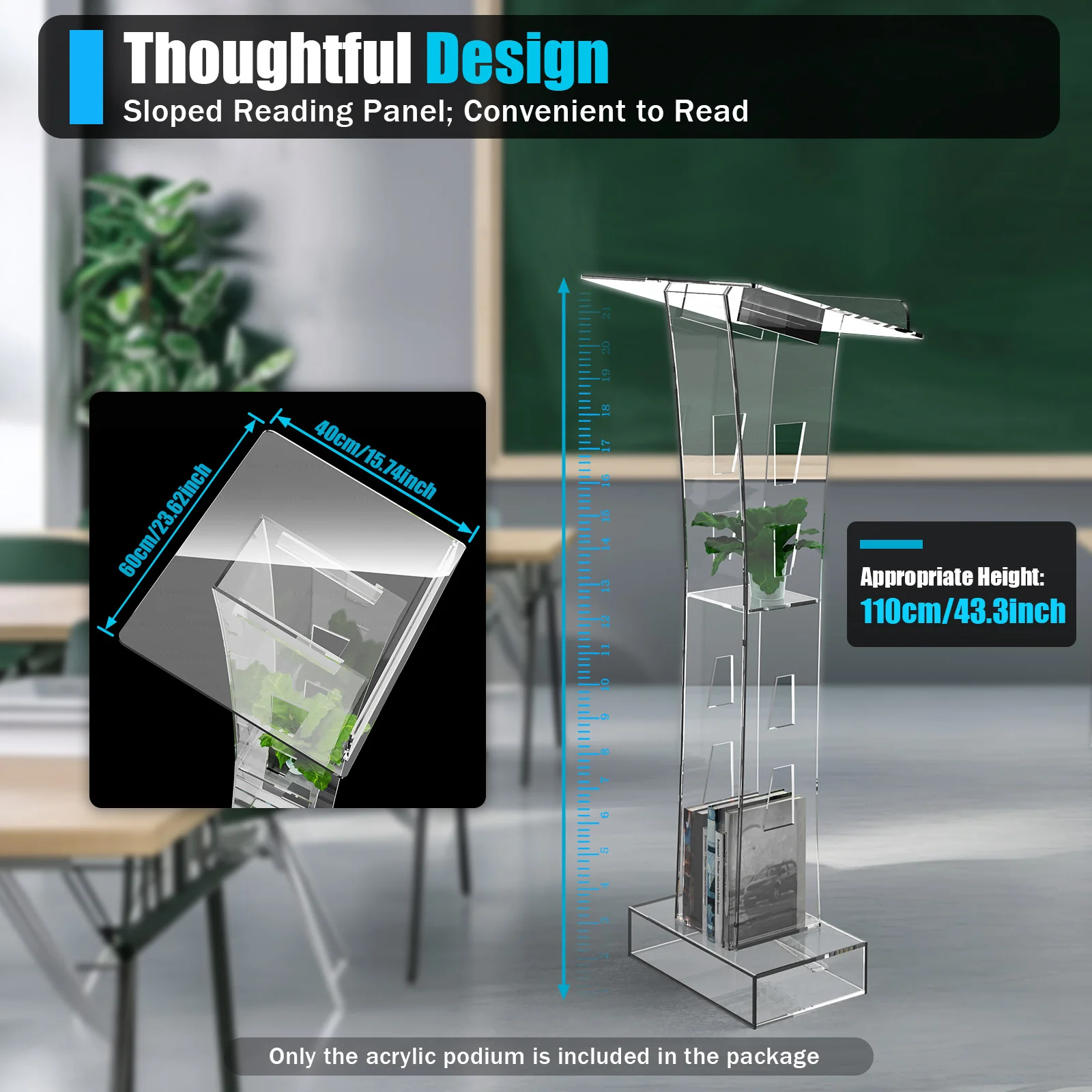 Lighted Clear Acrylic Podium| 43.3inch Freestanding Clear Church Office School Lecterns W/ Storage Shelf and Light