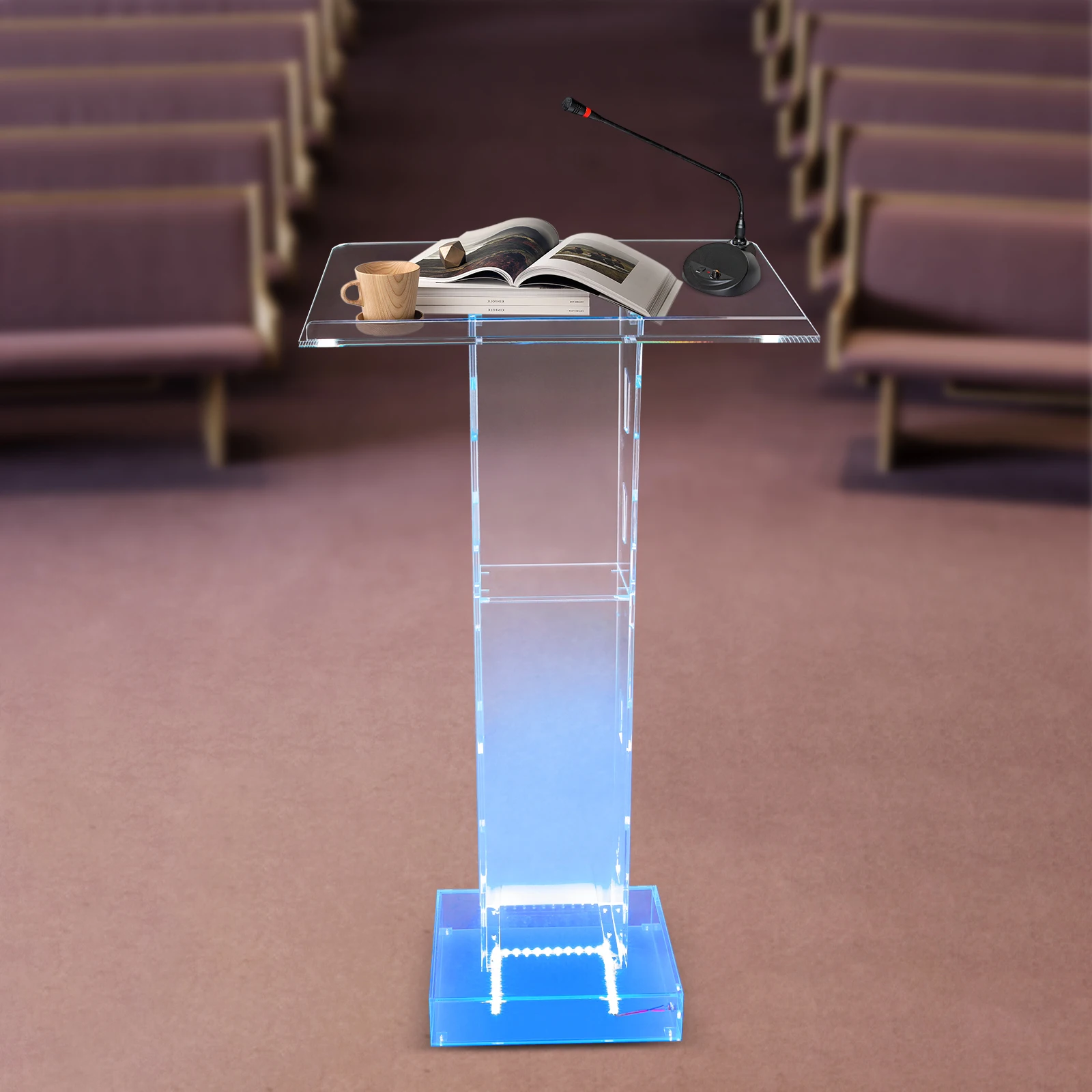 Lighted Clear Acrylic Podium| 43.3inch Freestanding Clear Church Office School Lecterns W/ Storage Shelf and Light