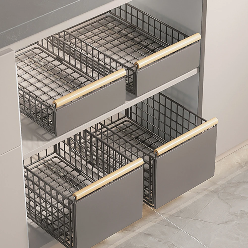 Pull Out Cabinet Organizer Foldable Slide Out Pantry Shelves Drawer Storage Sliding Mesh Cabinet Basket for Kitchen Bathroom
