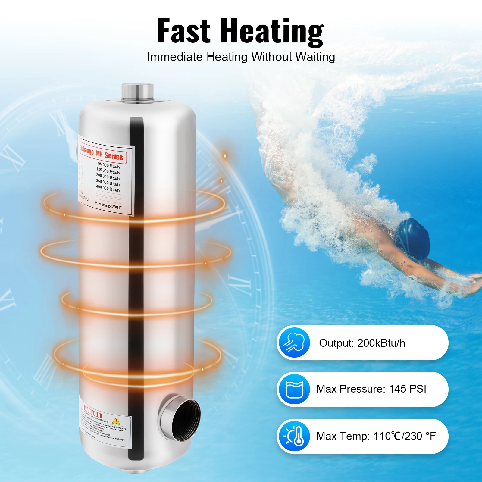 Pool Heat Exchanger with 60kW Power, SS 304 Stainless Steel Construction, 200K Btu/H Output, Fast Heating for Chlorinated and
