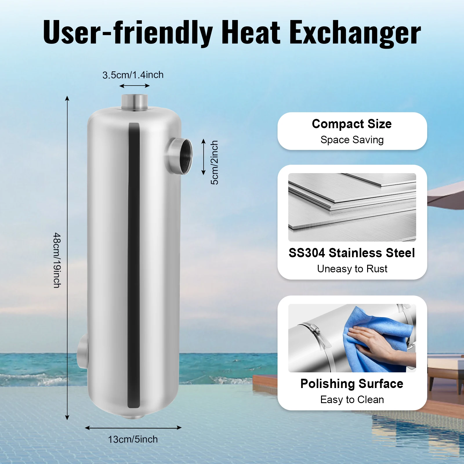 Pool Heat Exchanger with 60kW Power, SS 304 Stainless Steel Construction, 200K Btu/H Output, Fast Heating for Chlorinated and