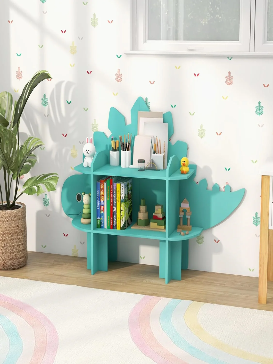 Children's Shelf, 2 Levels, Wooden Toy Shelf with Open Shelves, Cute Bookcase, Playroom, Nursery (Green, Dinosaur)
