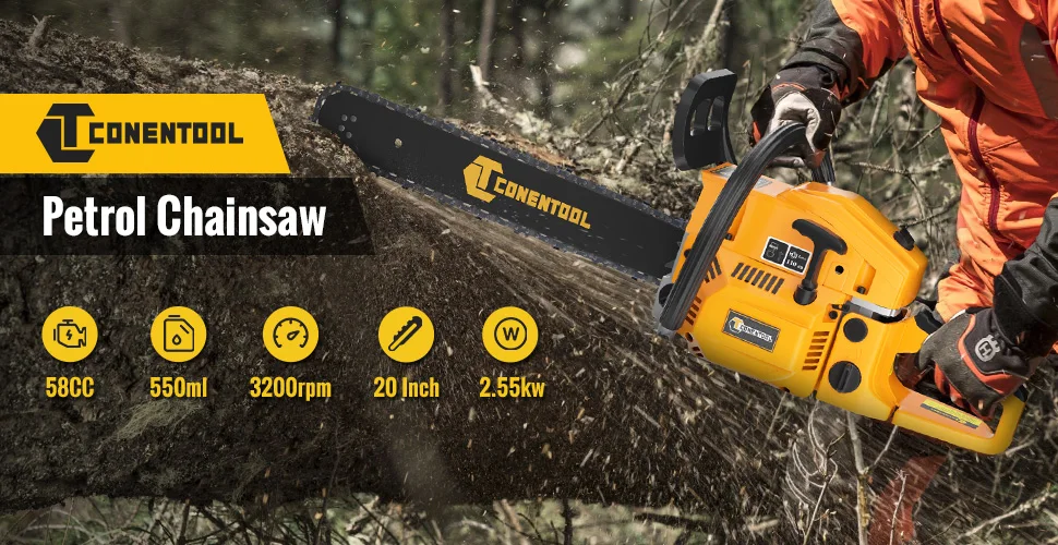 20in 58cc Petrol Chainsaw, 2.55KW 11500PRM Powerful Gasoline 2 Stroke Engine Gas Powered Chainsaws with 550ML Capacity Fuel Tank