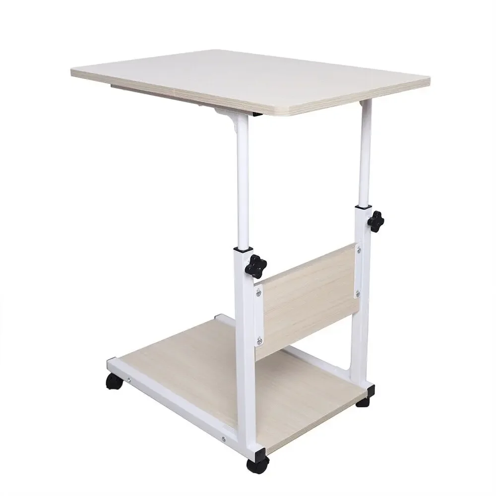 Modern Simple Laptop Table Height Adjustable Living Room Bedroom Laptop Overbed Mobile Bedside Table White with 4-wheels