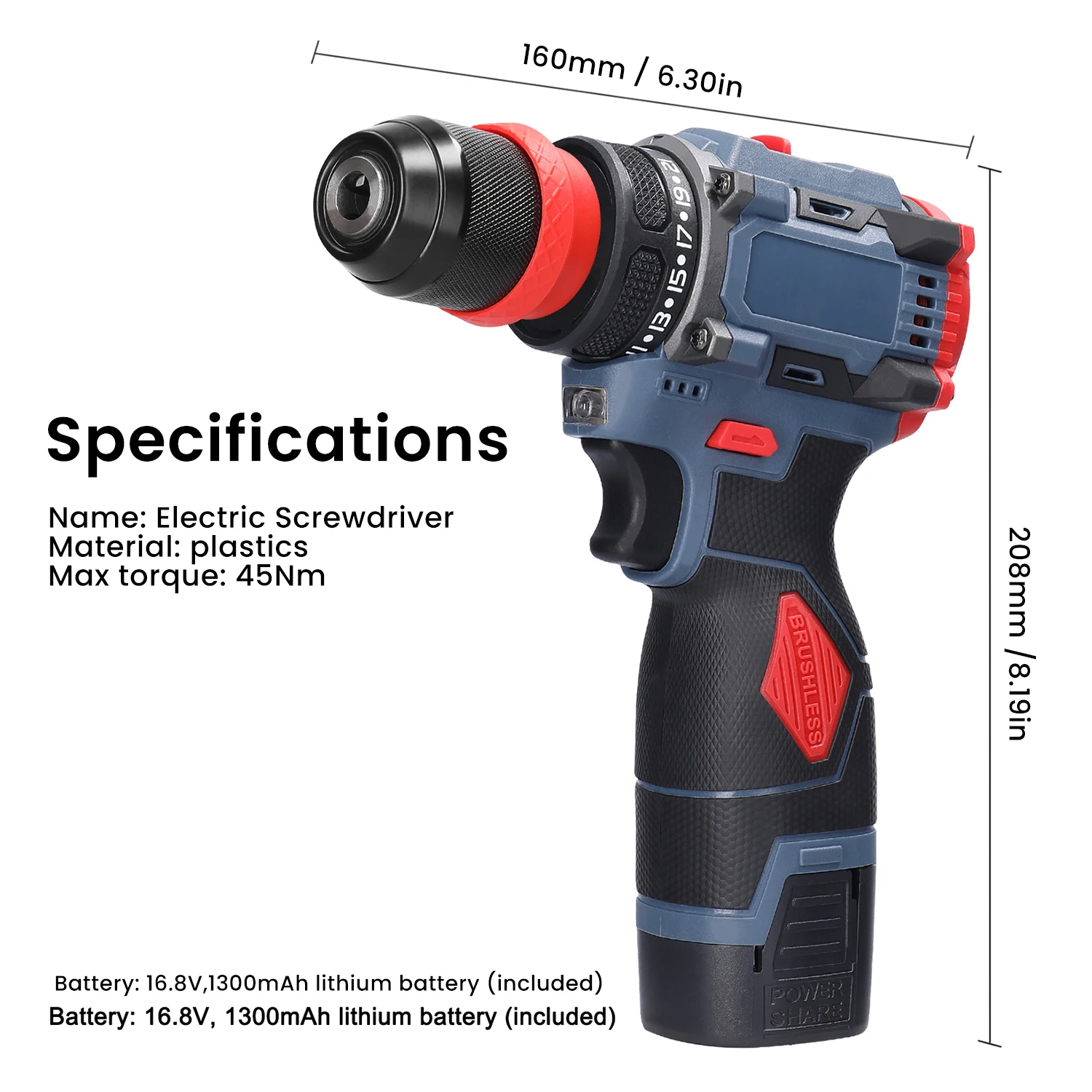16.8V Cordless Electric Screwdriver Drill Brushless Motor 45Nm Torque Stepless Speed Regulation Handheld Lithium Driver Drill