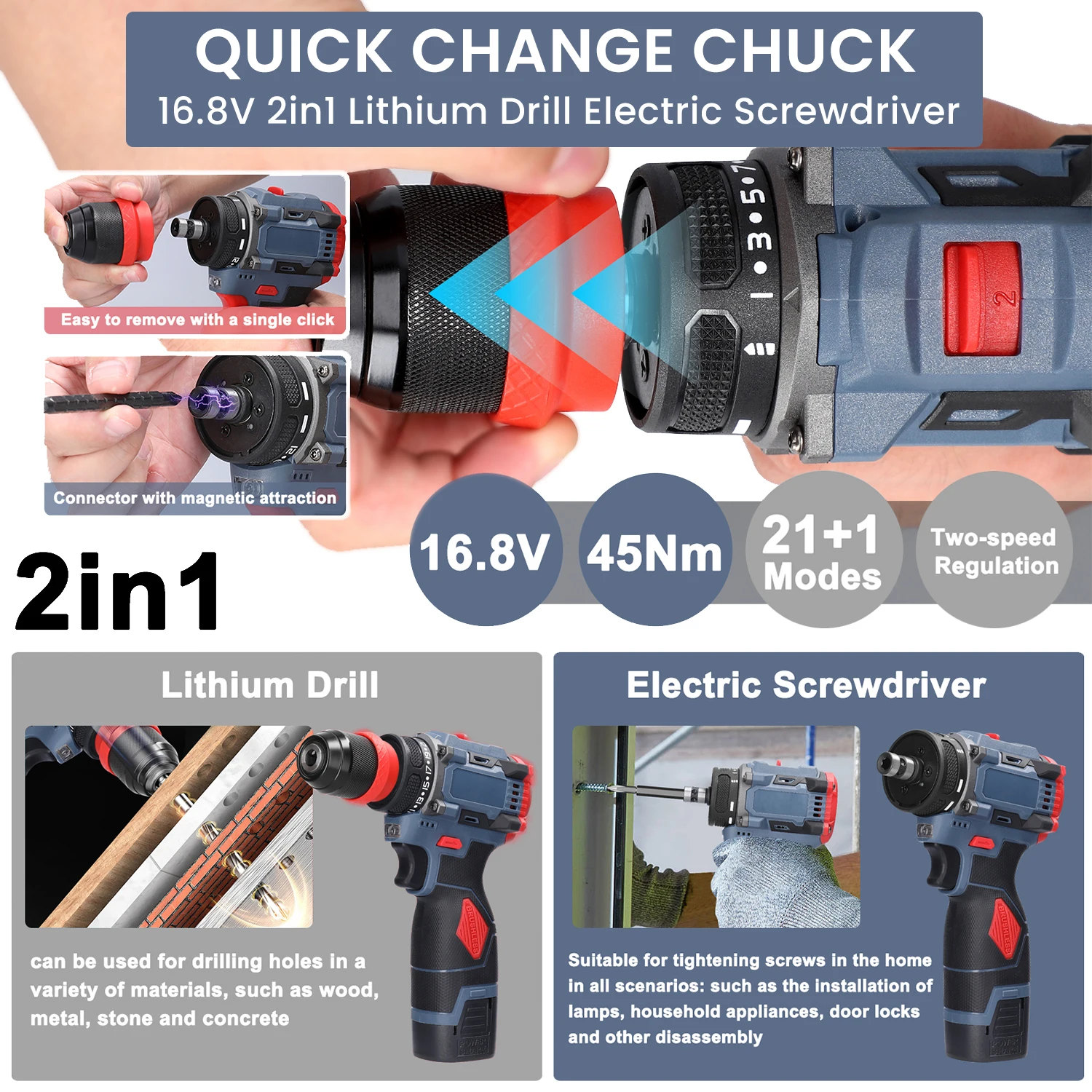 16.8V Cordless Electric Screwdriver Drill Brushless Motor 45Nm Torque Stepless Speed Regulation Handheld Lithium Driver Drill