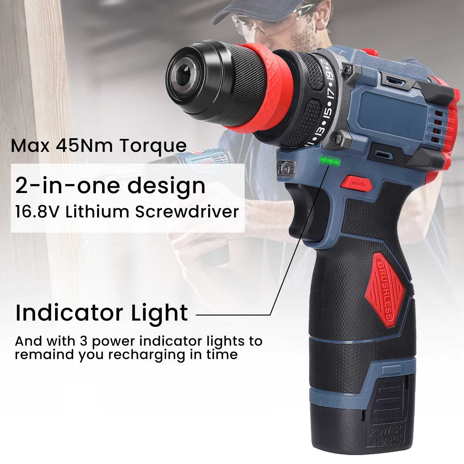 16.8V Cordless Electric Screwdriver Drill Brushless Motor 45Nm Torque Stepless Speed Regulation Handheld Lithium Driver Drill