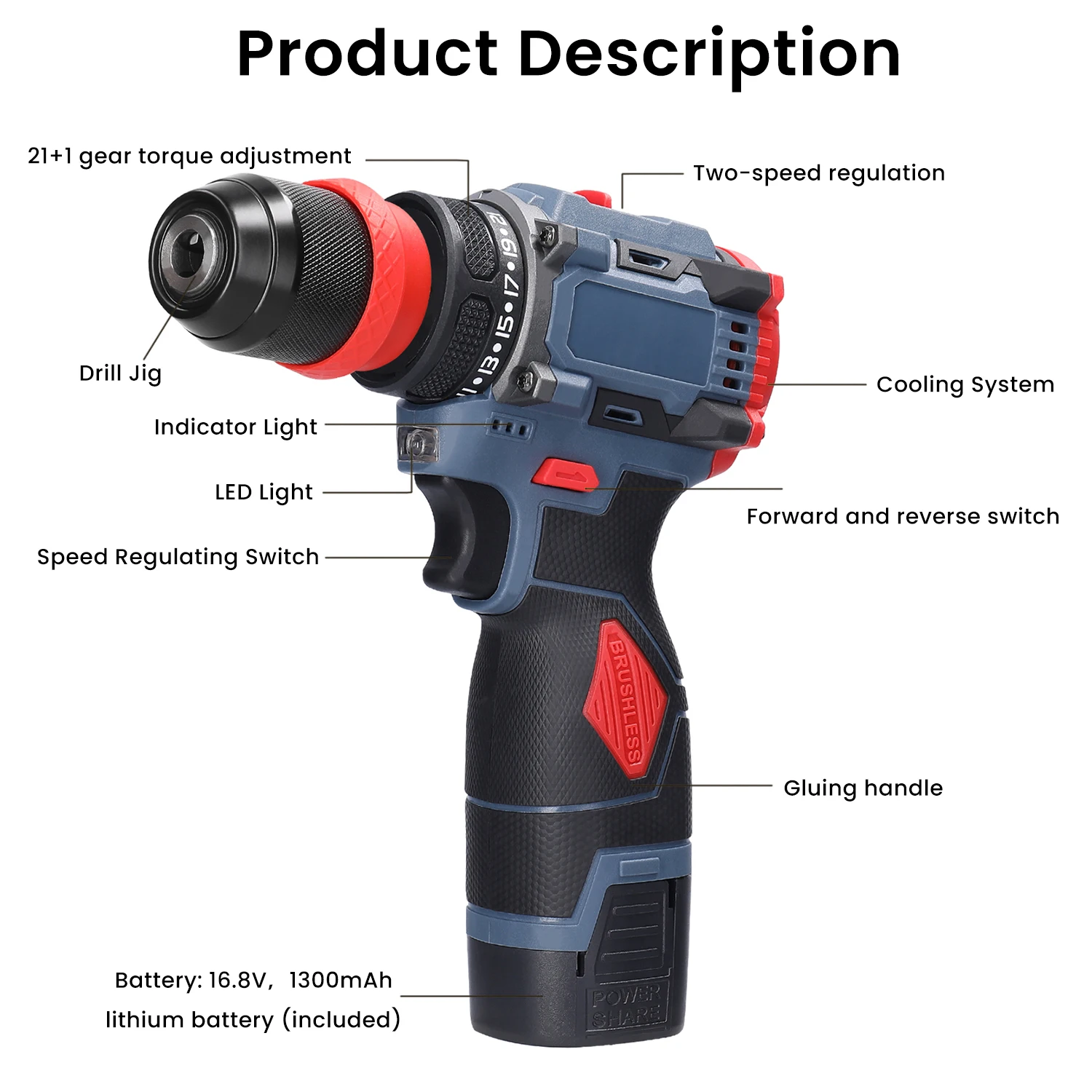 16.8V Cordless Electric Screwdriver Drill Brushless Motor 45Nm Torque Stepless Speed Regulation Handheld Lithium Driver Drill