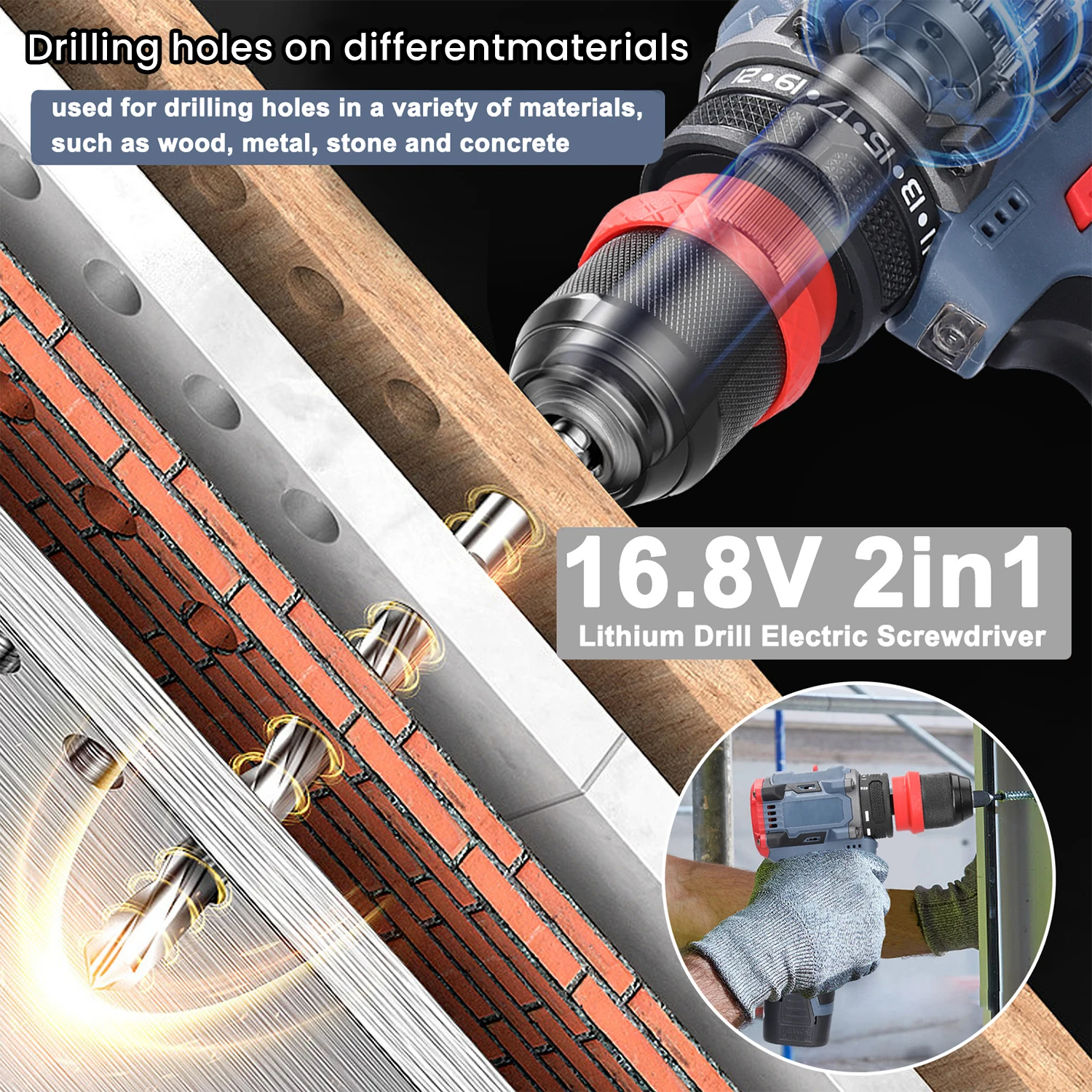 16.8V Cordless Electric Screwdriver Drill Brushless Motor 45Nm Torque Stepless Speed Regulation Handheld Lithium Driver Drill