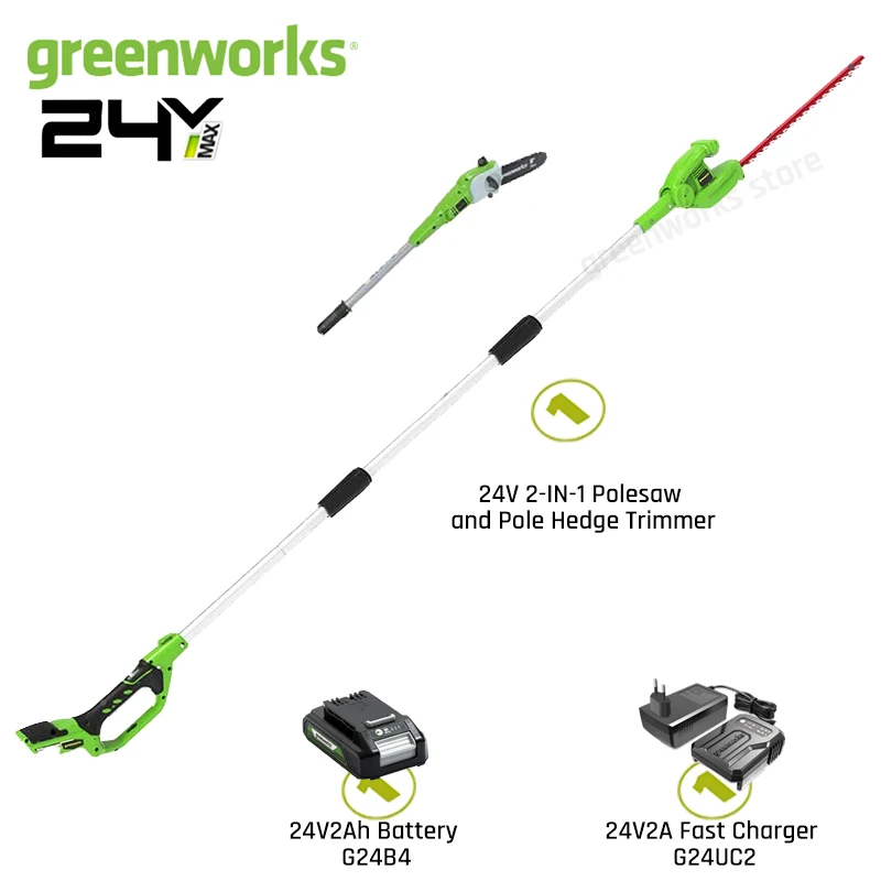 Greenworks 24V 2-in-1 Polesaw and Hedge Trimmer with Shoulder Strap 8inch Polesaw and 51cm Trimmer with 2Ah Battery and Charger