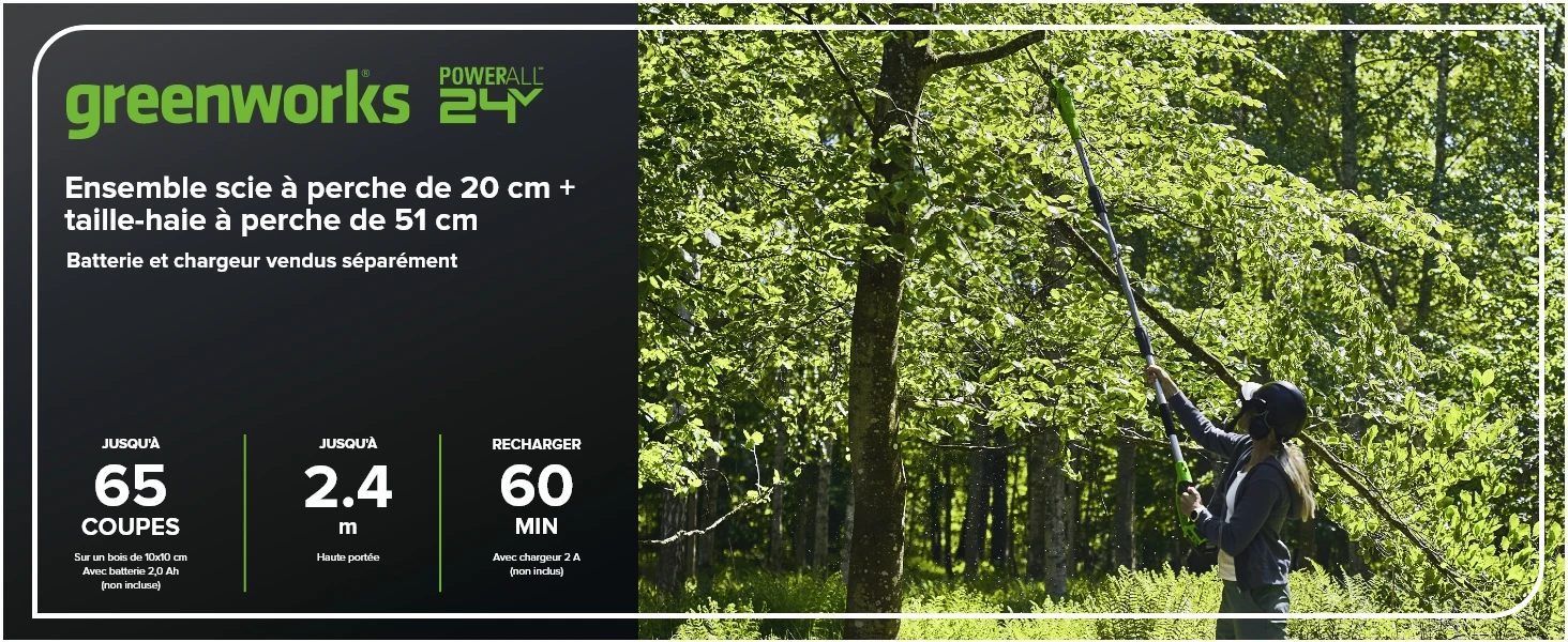 Greenworks 24V 2-in-1 Polesaw and Hedge Trimmer with Shoulder Strap 8inch Polesaw and 51cm Trimmer with 2Ah Battery and Charger