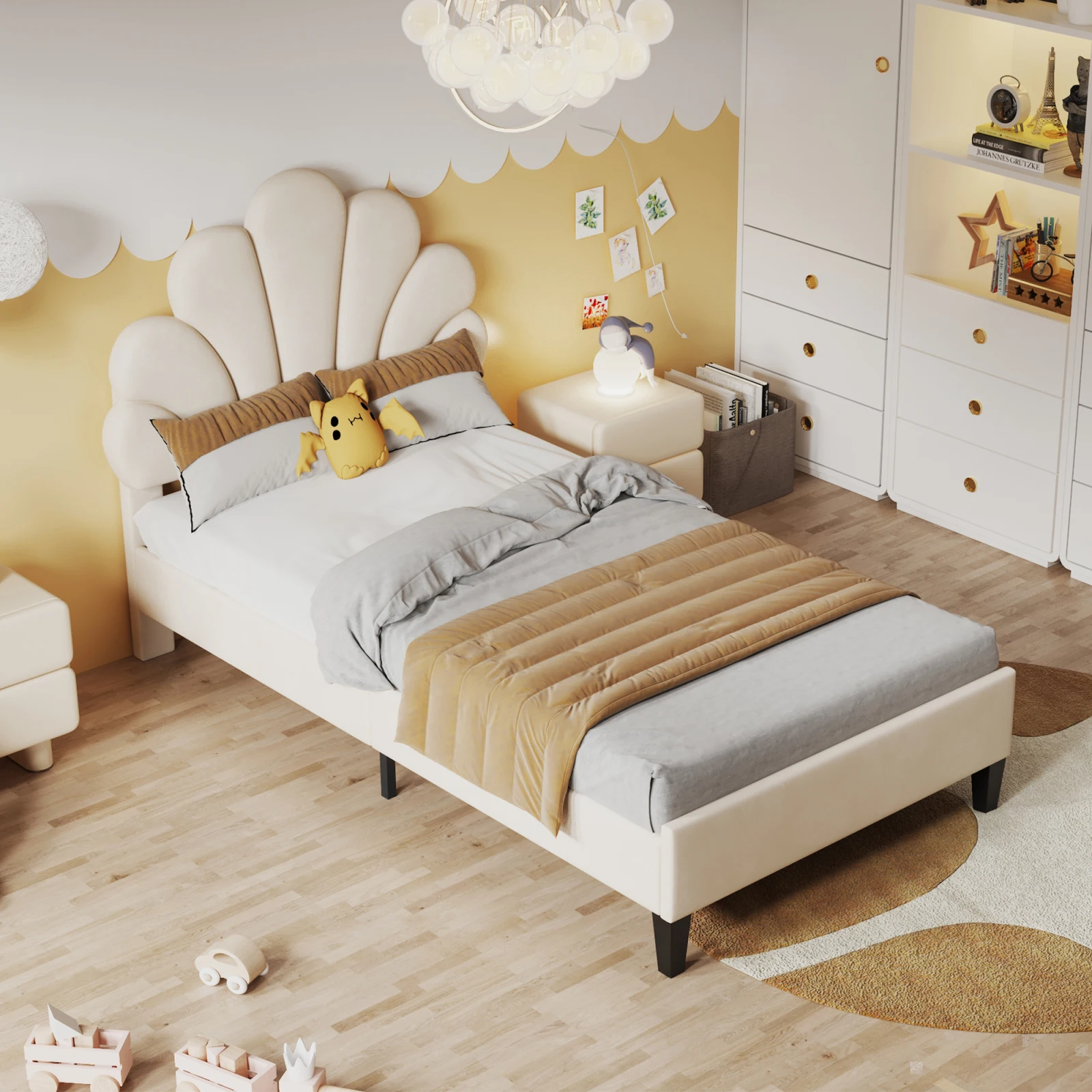 Rosahqnda Children bed Single bed Upholstery bed 90x200cm Floral Headboard and Slatted Slatt Fabric girls bed Without Mattress