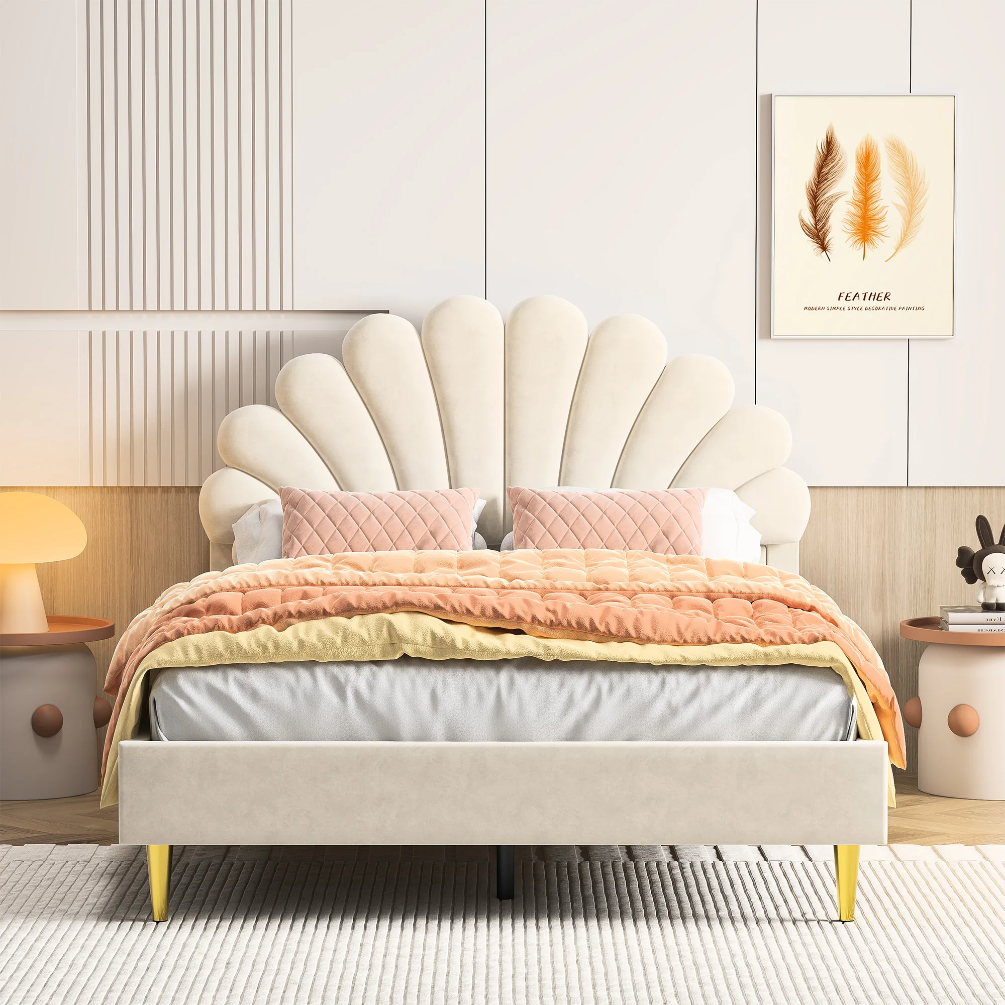 Rosahqnda Children bed Single bed Upholstery bed 90x200cm Floral Headboard and Slatted Slatt Fabric girls bed Without Mattress