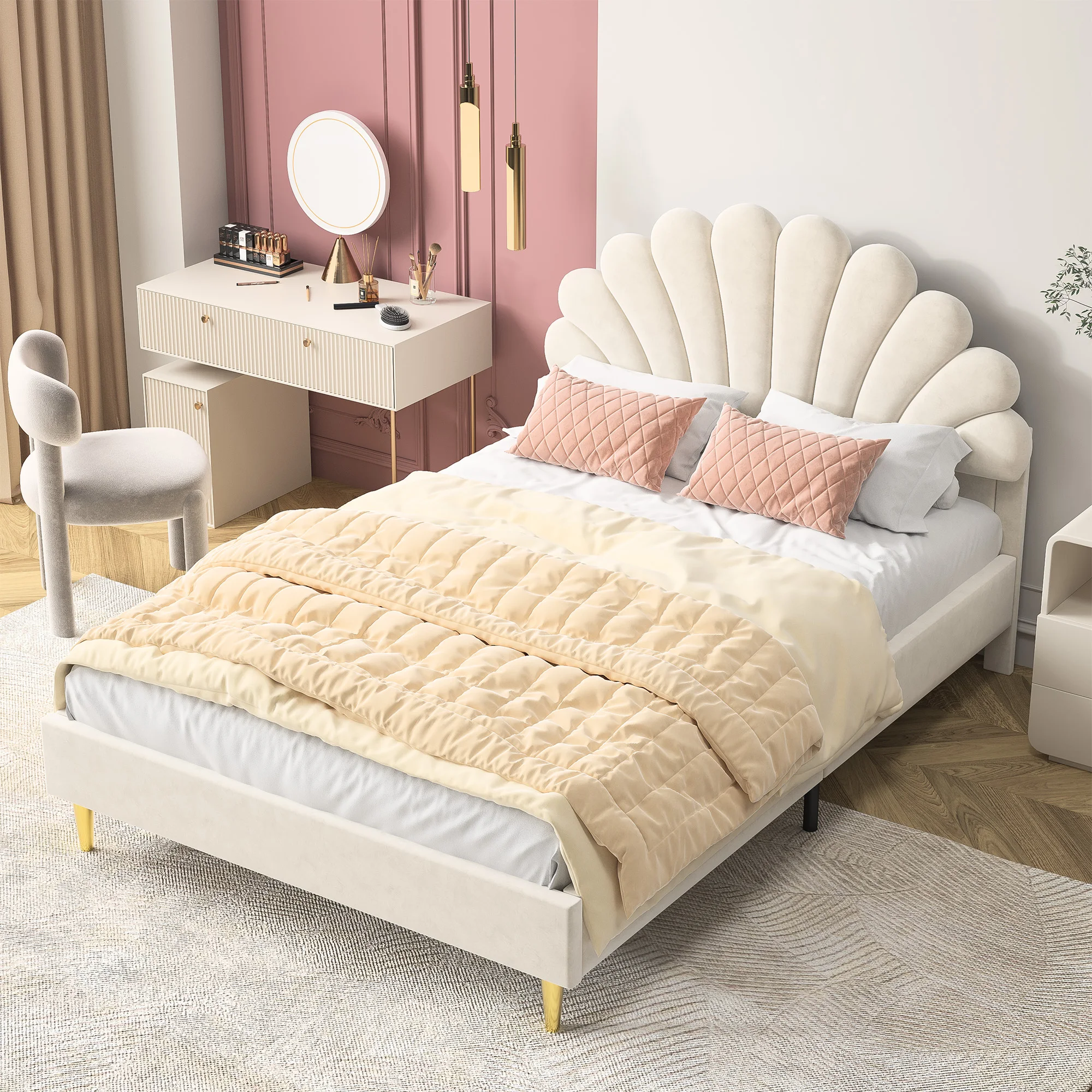 Rosahqnda Children bed Single bed Upholstery bed 90x200cm Floral Headboard and Slatted Slatt Fabric girls bed Without Mattress