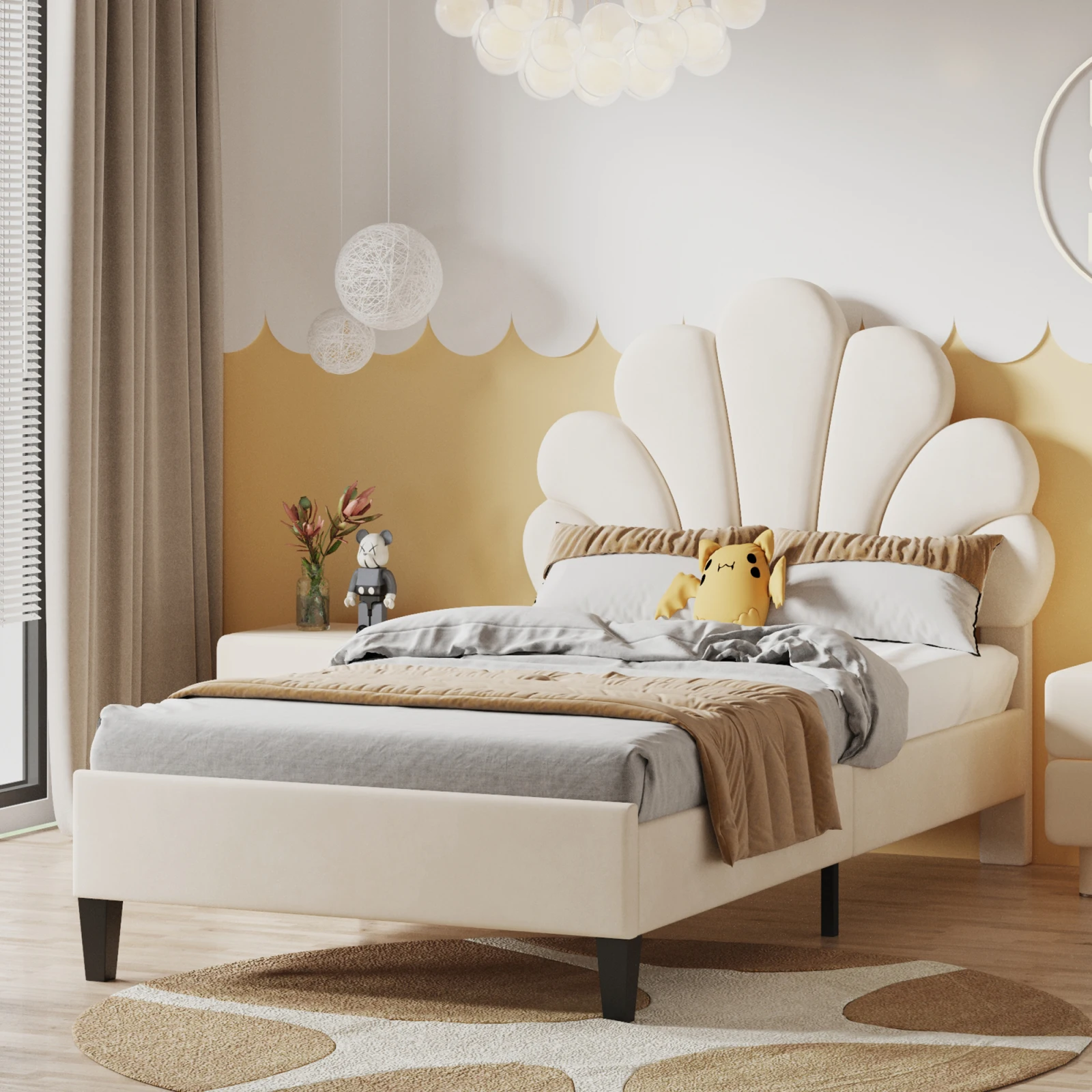 Rosahqnda Children bed Single bed Upholstery bed 90x200cm Floral Headboard and Slatted Slatt Fabric girls bed Without Mattress